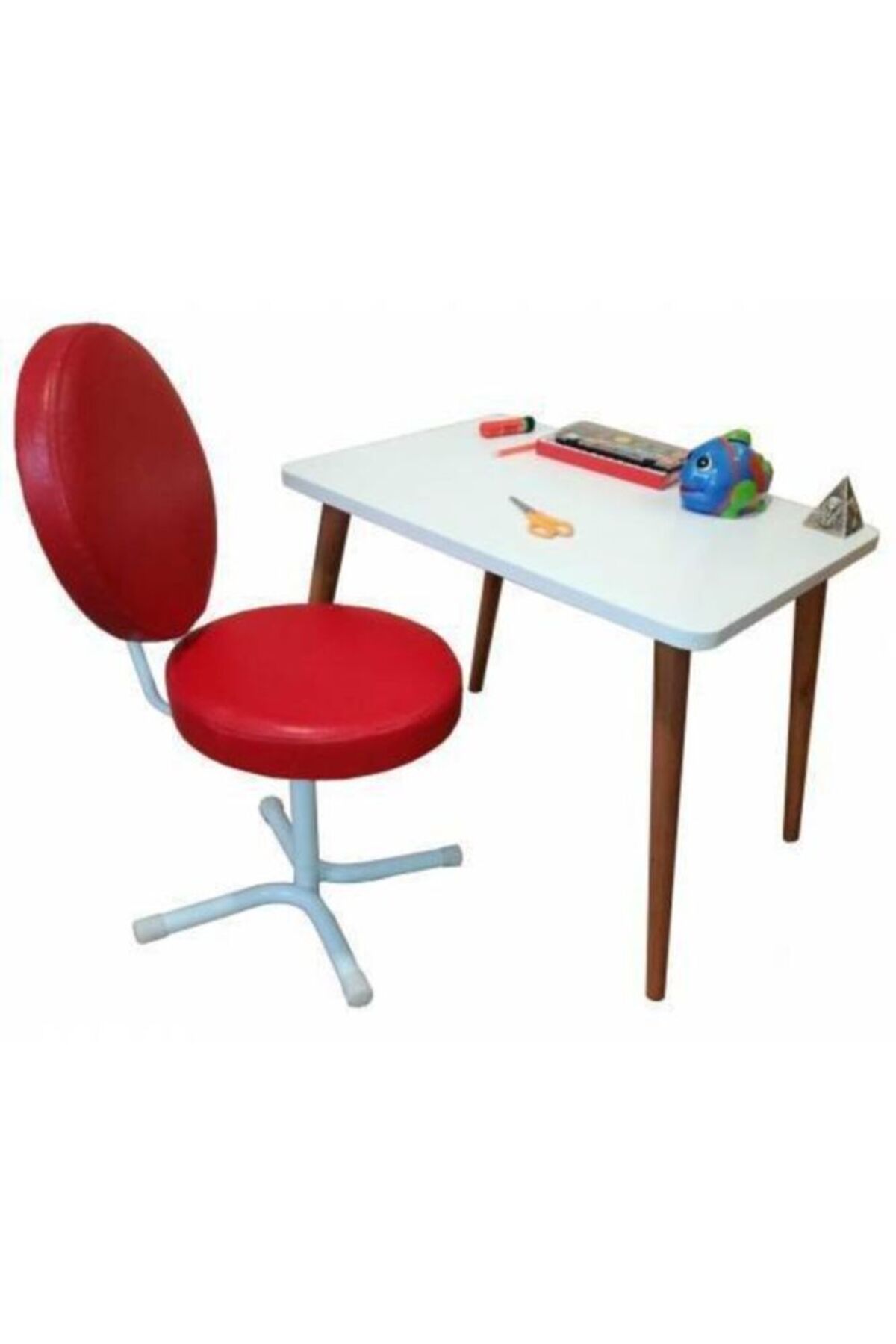 emalzeme Ilk Ofisim Çalışma Çocuk Ders Masası Takımı Döner Koltuk Ahşap Ayak Masa Sandalye Masa Seti Kırmızı