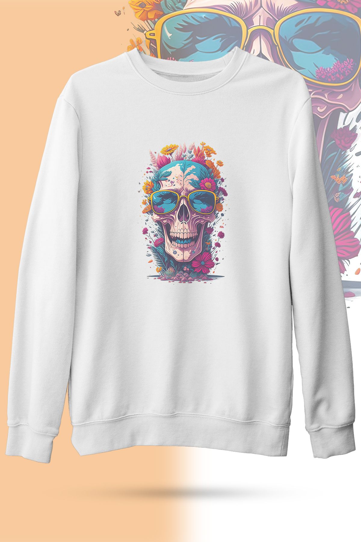 WebStyle Colorful Skull Baskılı Bisiklet Yaka Ekru Unisex Sweatshirt