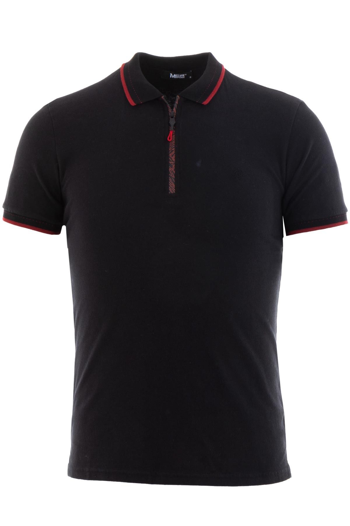 Mcr Fermuarlı Siyah Bordo Renk Slim Fit Erkek Polo Yaka T-shirt
