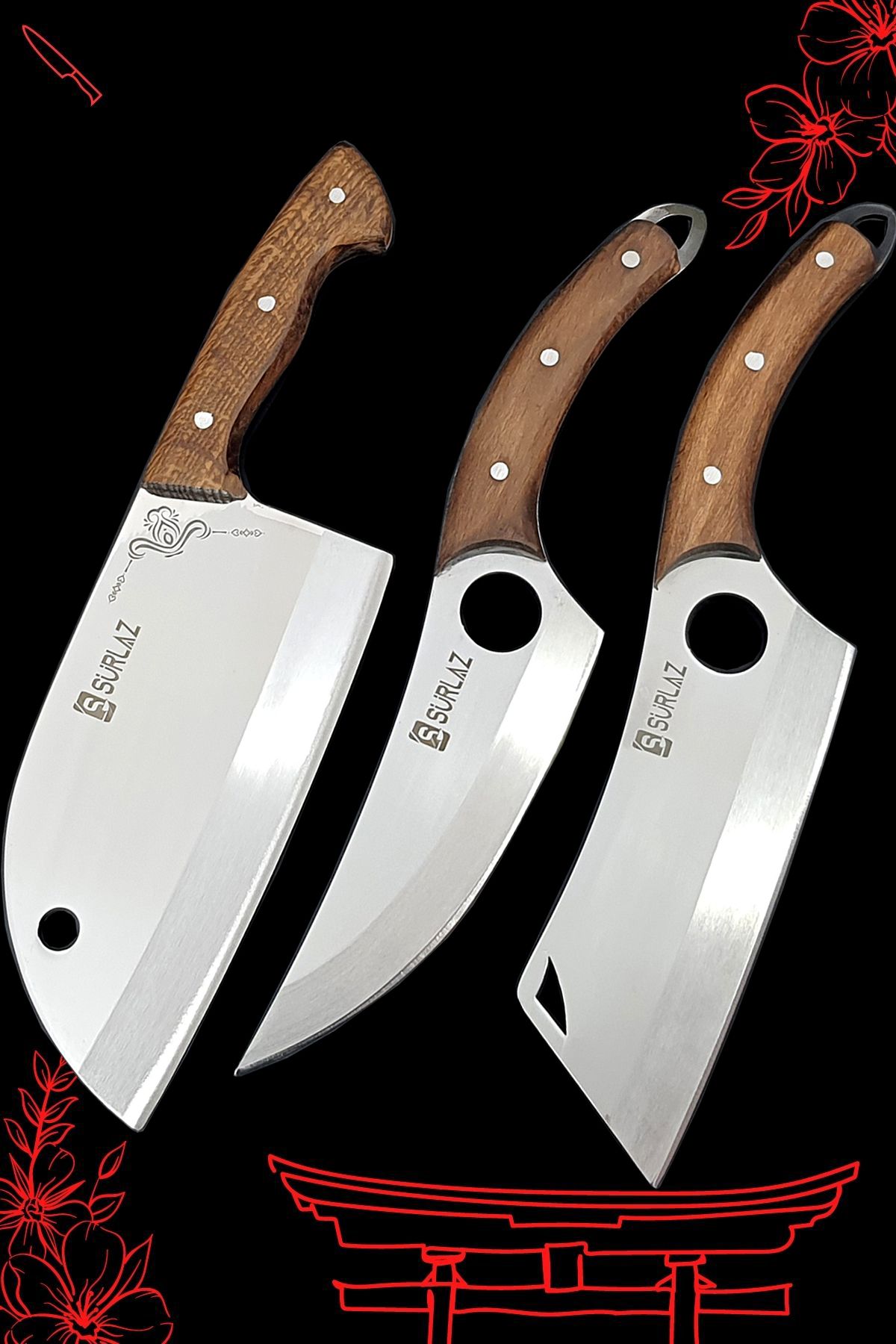 SürLaz Satır Zırh Bıçak Seti 3 Parça Pratik Et Bıçakları Kamp Mutfağı Hediyelik Bıçak