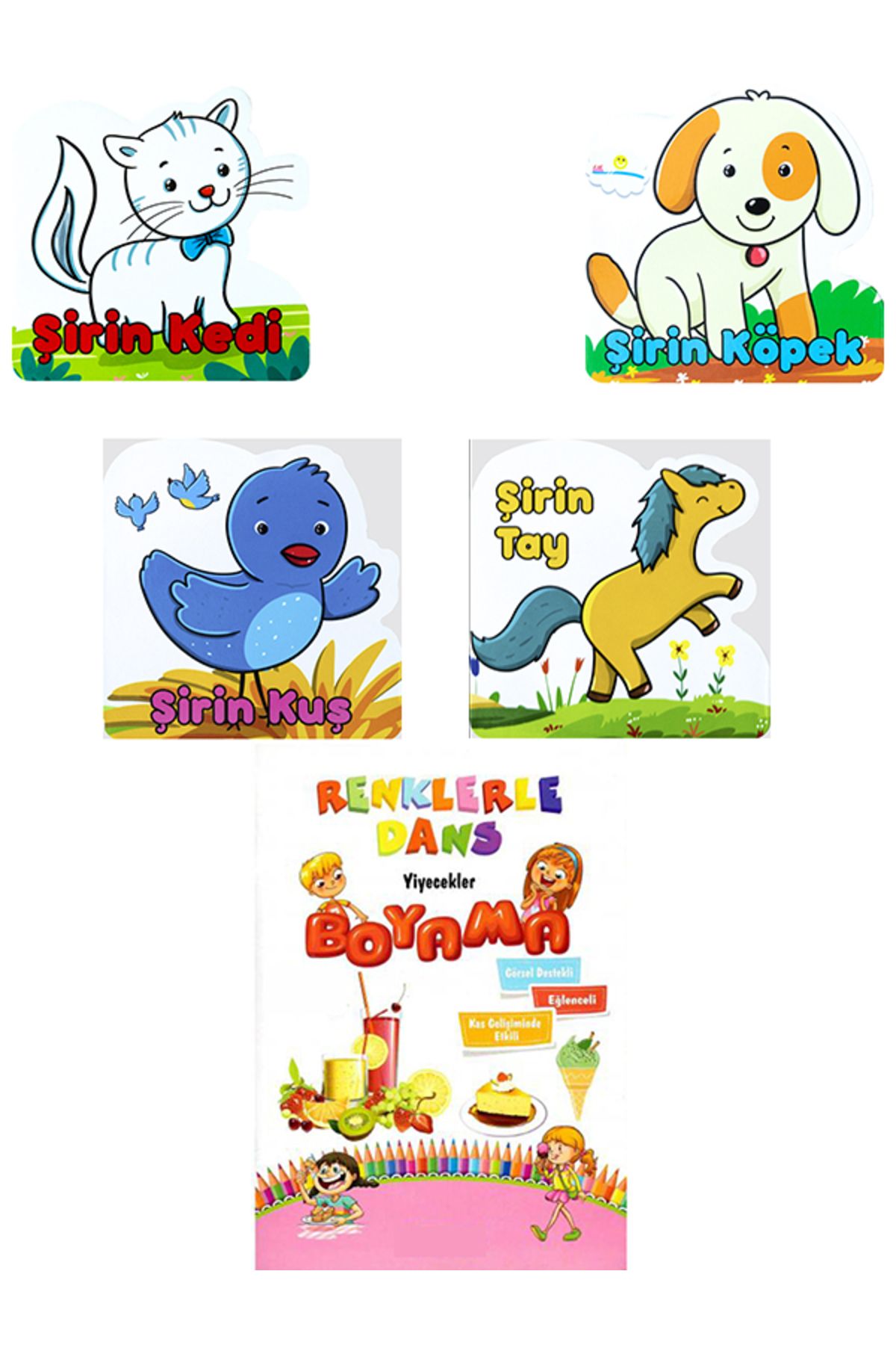 Net Çocuk ŞİRİN KİTAPLAR SERİSİ KEDİ,KÖPEK,KUŞ,TAY VE RENKLERLE DANS YİYECEKLER BOYAMA KİTABI SETİ (5KİTAP)