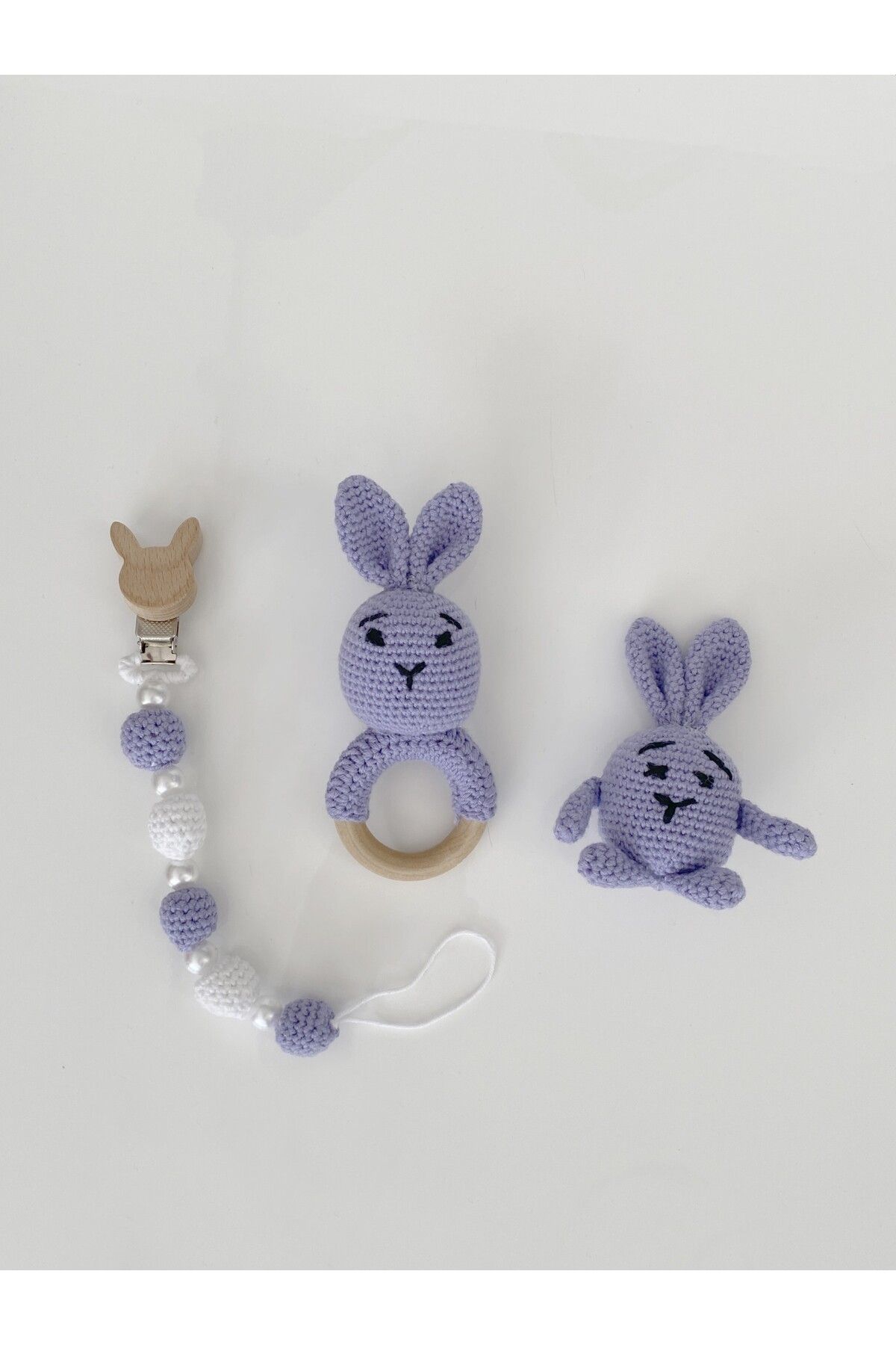 Jaju Baby Mor Renk Tavşan Set Amigurumi Oyuncak Çıngırak ve Emzik Zinciri Üçlü Set