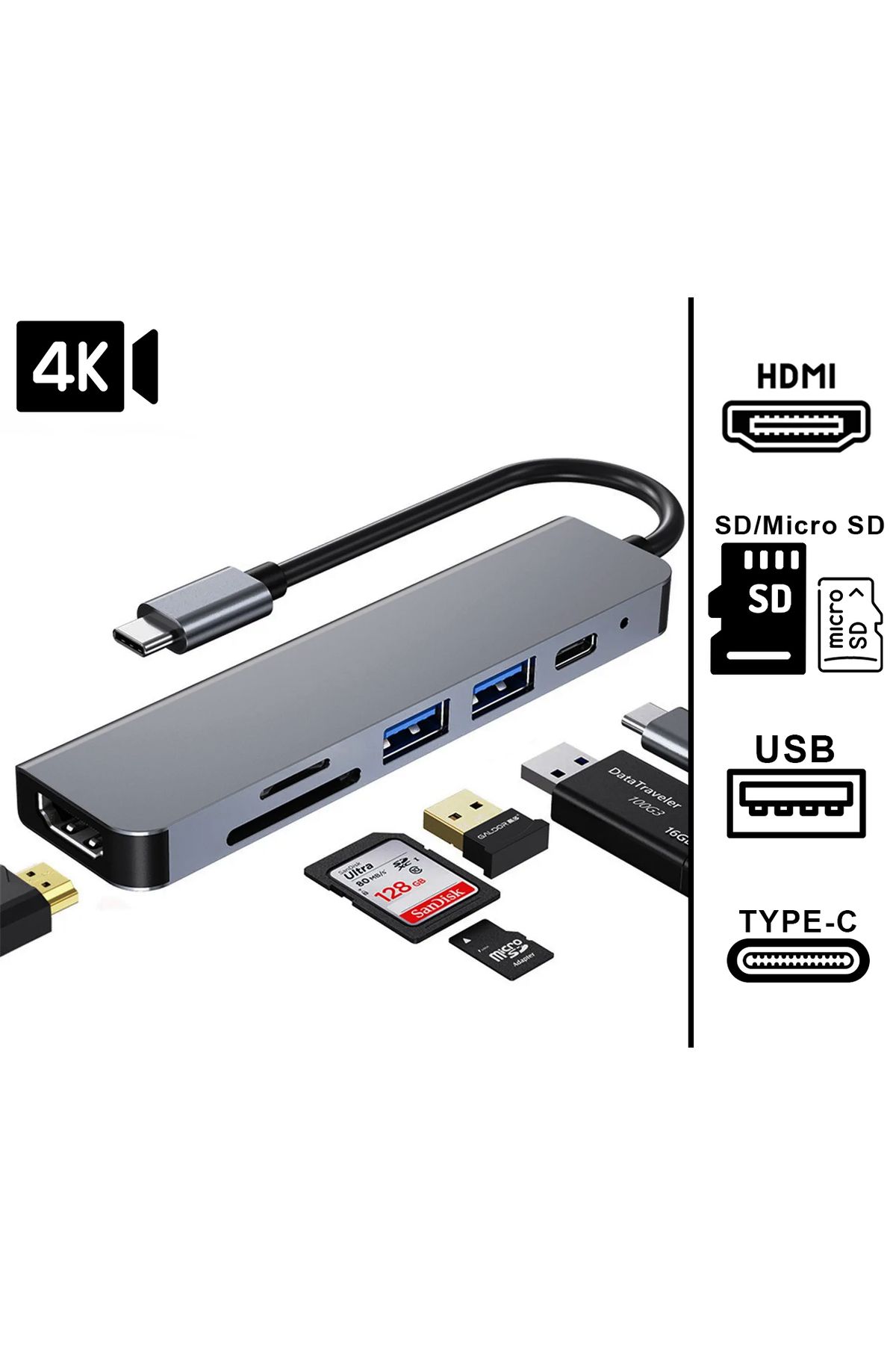 Foxyn FXN-10C 6IN1 Type-C To USB 3.0 Sd Tf 4K HD HDMI Pd Kart Okuyucu Çevirici Dönüştürücü Adaptör