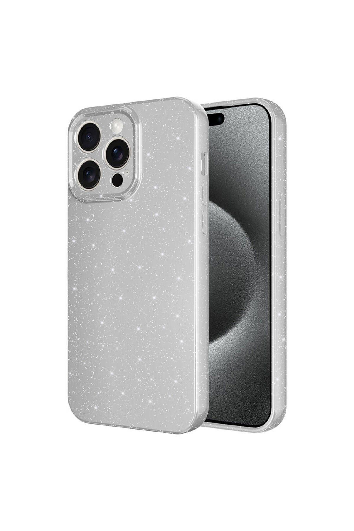 HTstore iPhone 15 Pro Kılıf Kamera Korumalı Simli Lüks Zore Koton Kapak-Gümüş