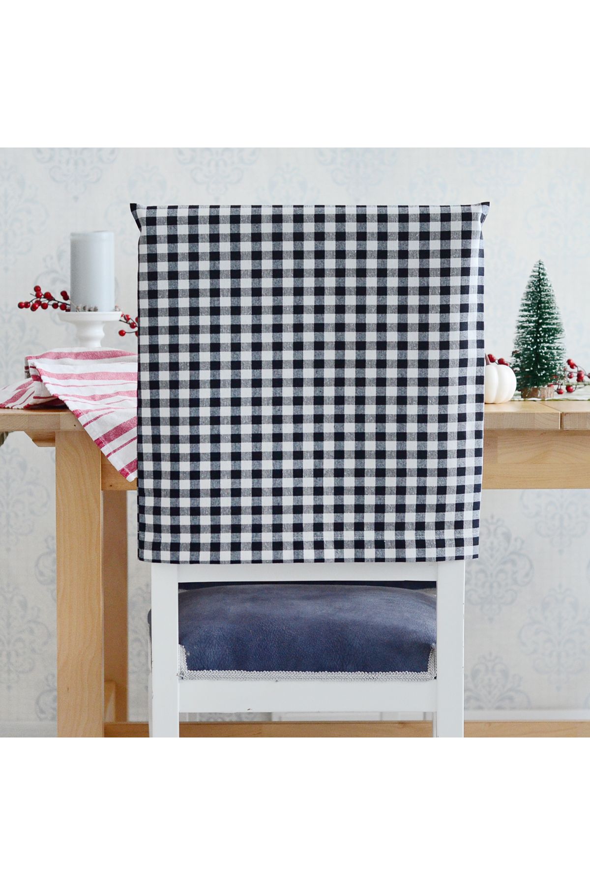 Bimotif Siyah-beyaz Kareli Dokuma Kumaş Sandalye Kılıfı, 47x47 Cm