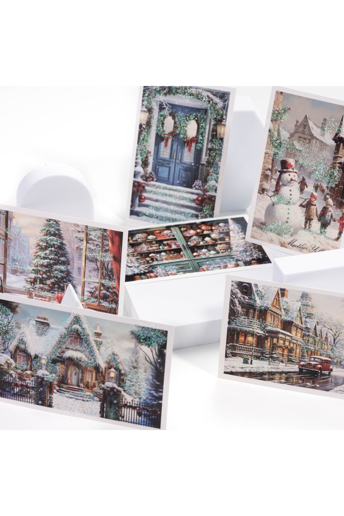 Bimotif Simli kartpostal, yılbaşı, kış sokakları Set (6 adet)