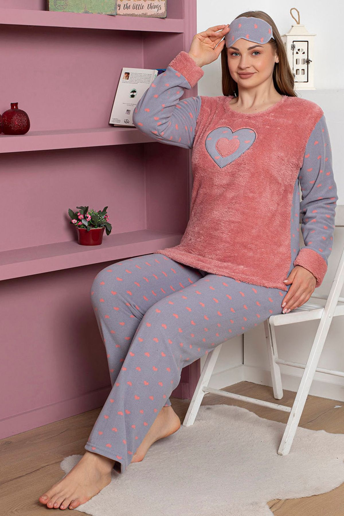 Wordex Fwn 5101 Büyük Beden Peluş Welsoft Polar Kışlık Kalpli Kadın Pijama Takımı