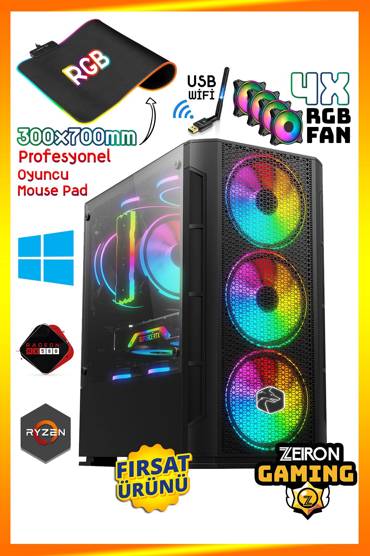 Zeiron Aurora Gs17 Ryzen 5 5500 16GB DDR4 256GB M.2 SSD+500GB HDD RX580 Oyuncu Masaüstü Bilgisayar