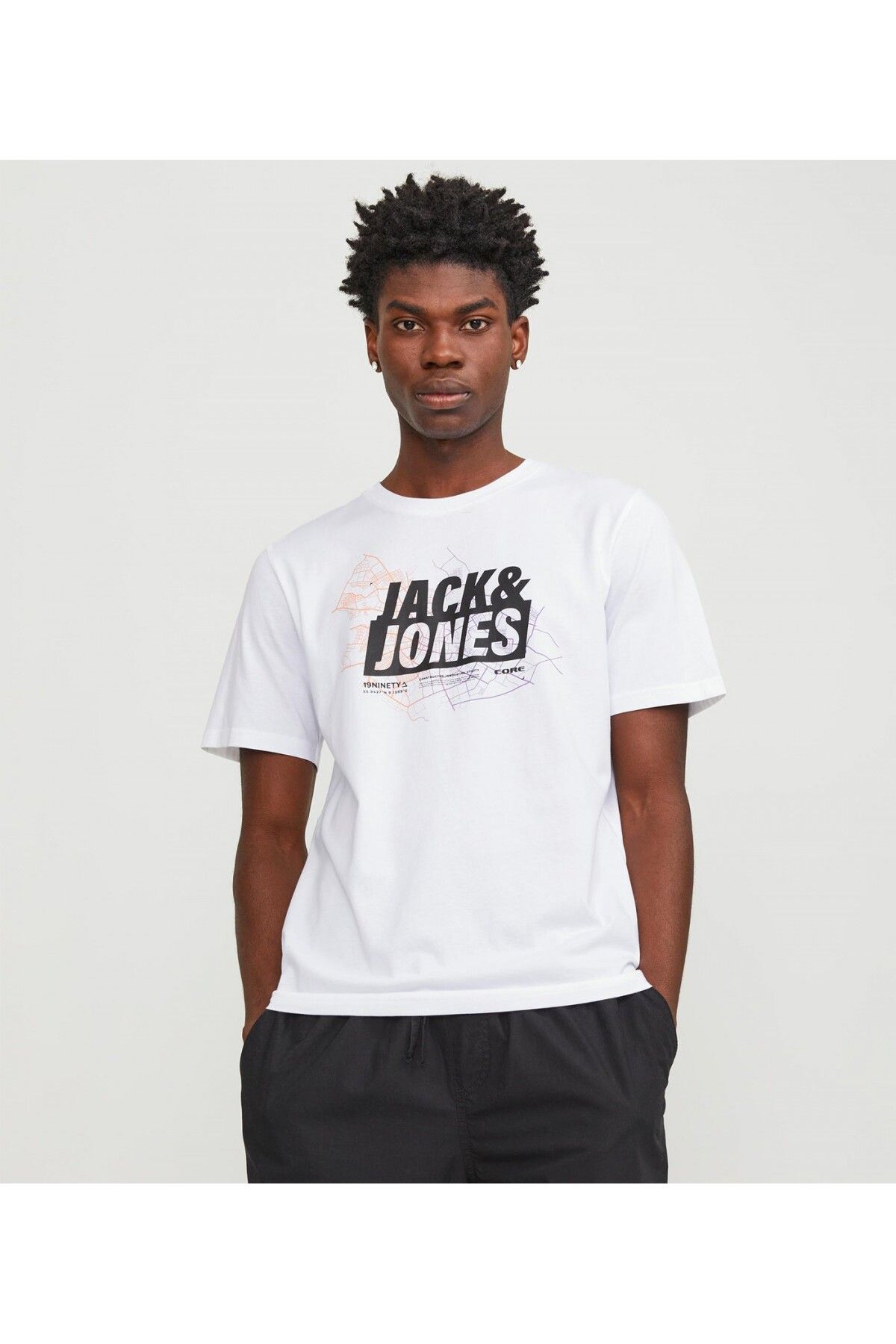 Jack & Jones Erkek Baskılı Beyaz Bisiklet Yaka T-Shirt
