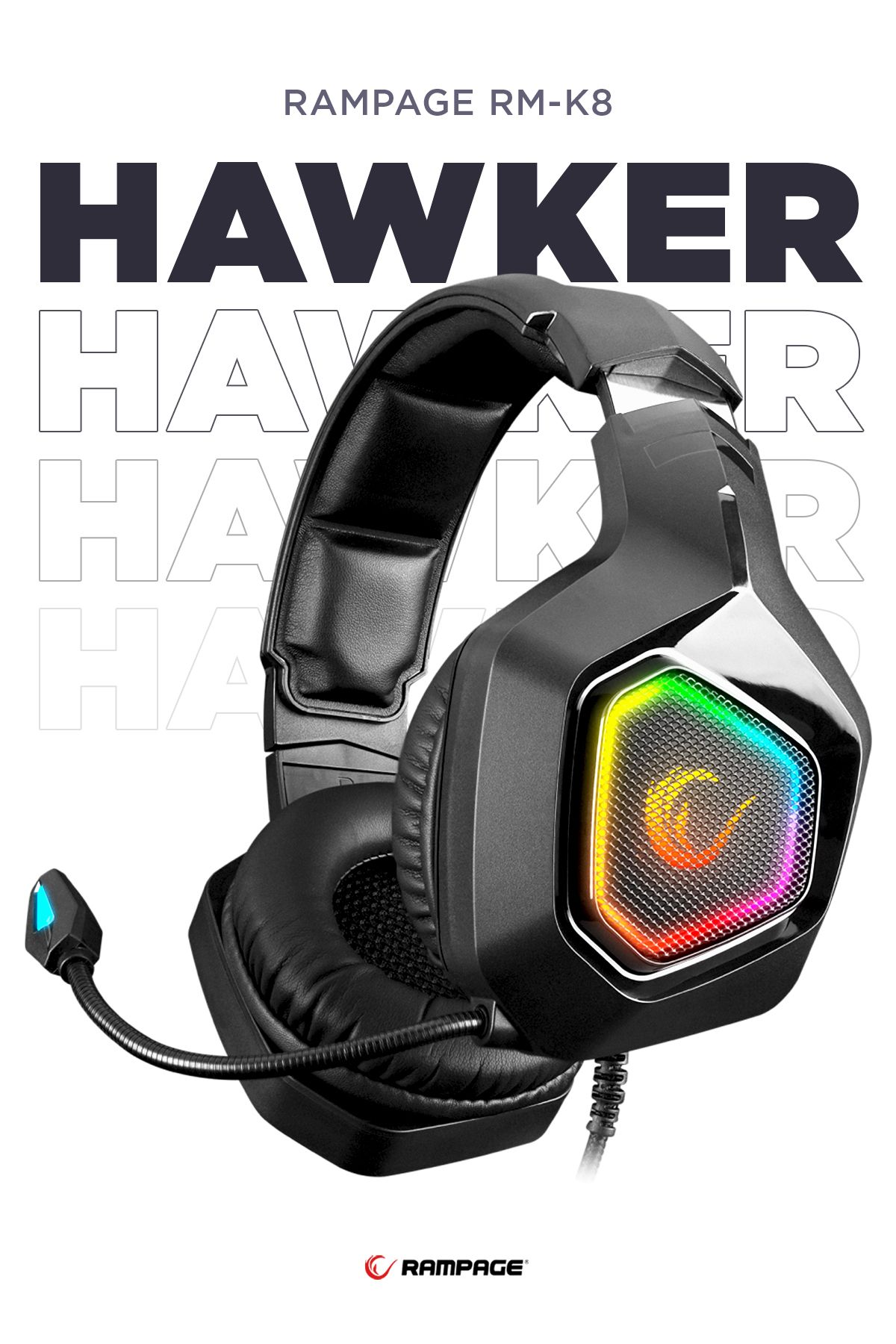Rampage RM-K8 HAWKER Siyah USB 7.1 Version RGB Ledli Gaming Oyuncu Mikrofonlu Kulaklık