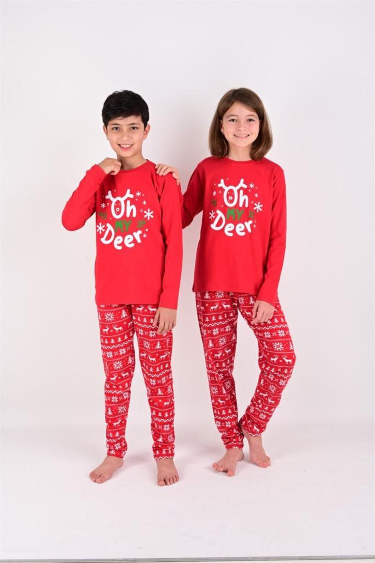 vitmo Kız / Erkek Çocuk Uzun Kollu Yılbaşı Temalı Pamuklu Pijama Takımı