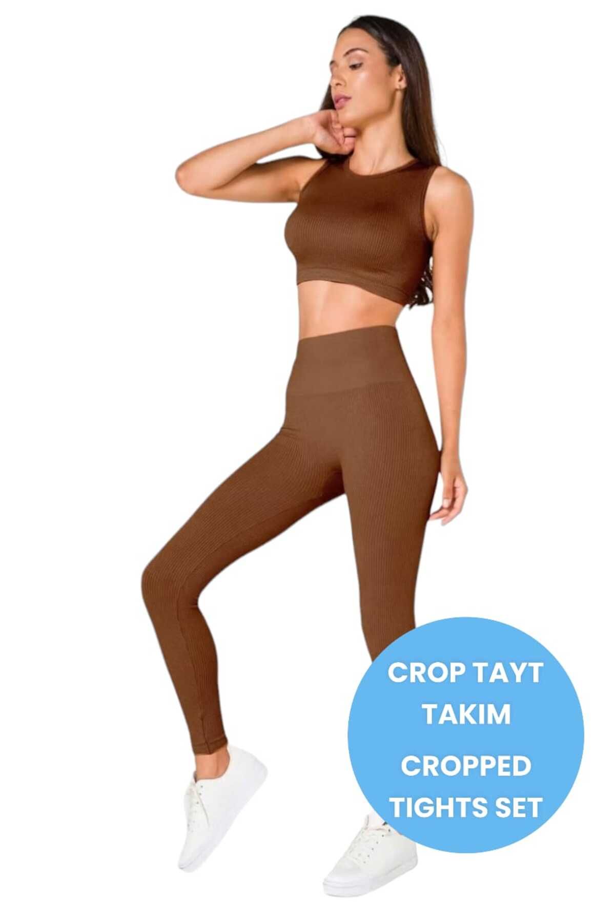 Mood Agenda Kadın Sporcu Fitness Yoga Plates Yüksek Bel Tayt-Crop Fitilli Takım