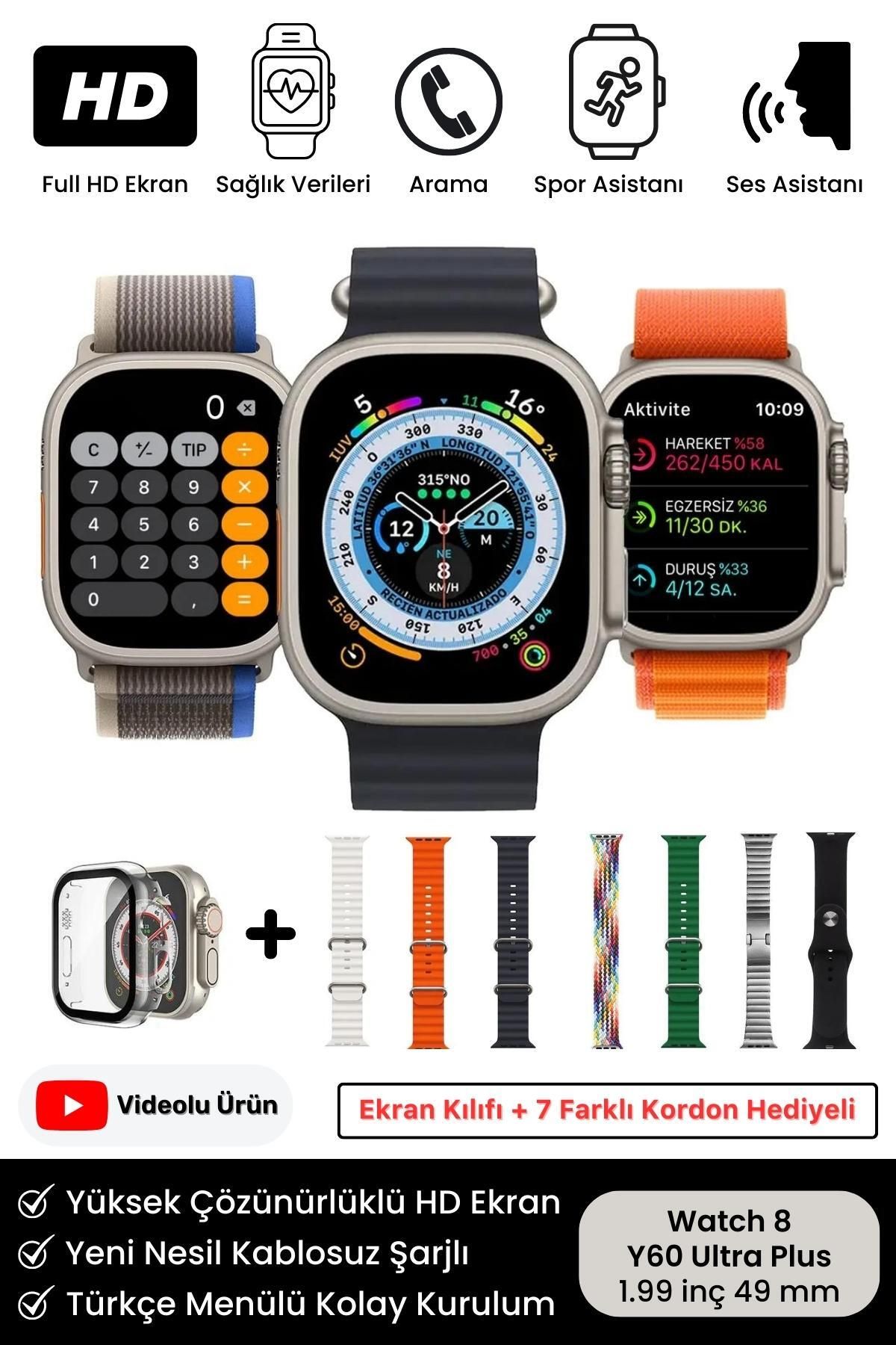Noriyen Yeni Nesil Watch 8 Hediyeli Özel Kutulu Seri 7 Kordon Ve Ekran Kılıfı Y60 Ultra Plus Akıllı Saat