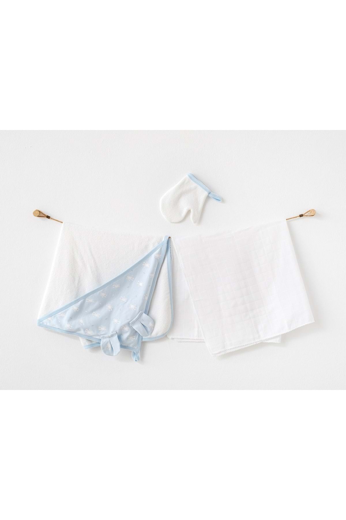 Andy Wawa Bebek Havlu Takım 3pcs Set Towel Muslın Set Beyaz Mavi