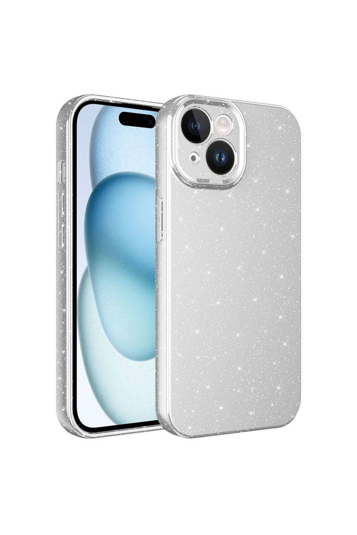 HTstore iPhone 15 Plus Kılıf Kamera Korumalı Simli Lüks Zore Koton Kapak-Gümüş