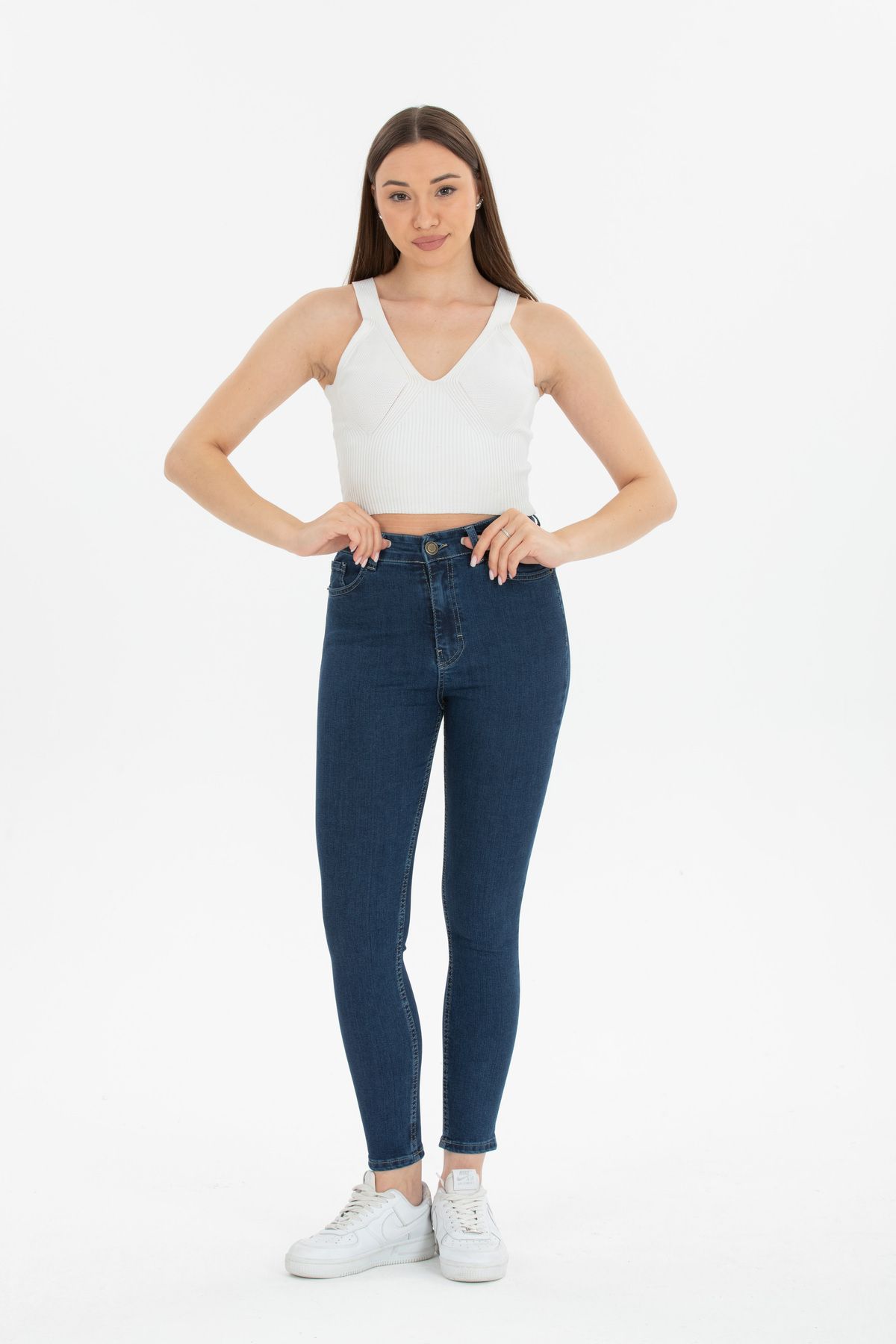 Jeany Jeans Lacivert Yüksek Bel Dar Paça Jeans Denim Kot Pantolon