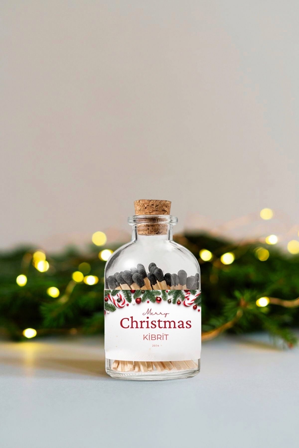 LALEZEN HOME Merry Christmas Etiketli Kahverengi Uçlu Cam Şişeli Tıpalı Kibrit Yeniyıl Yılbaşı Hediye