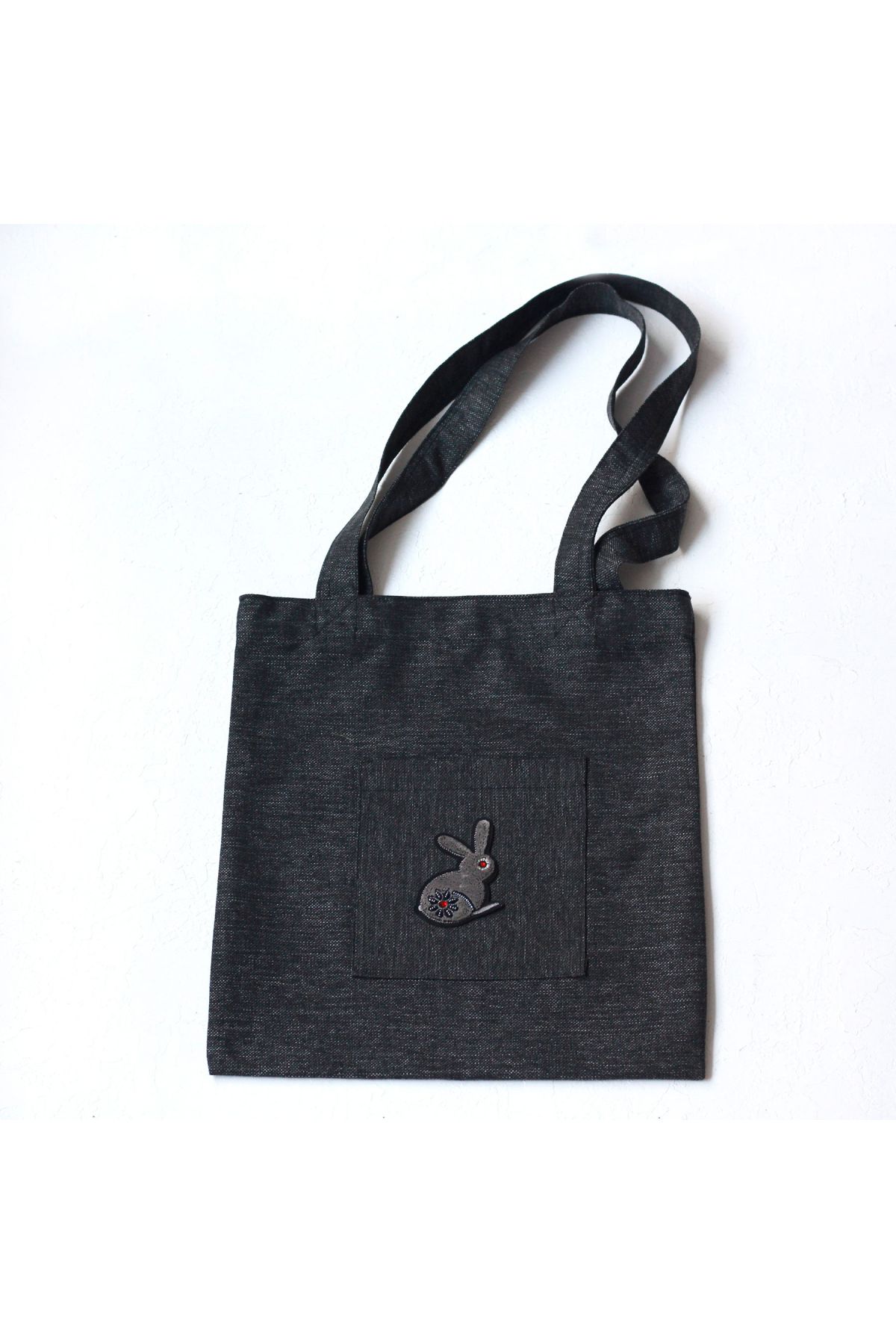 Bimotif Rabbit, Siyah Poly-keten Kumaş Çanta, 35x40 Cm