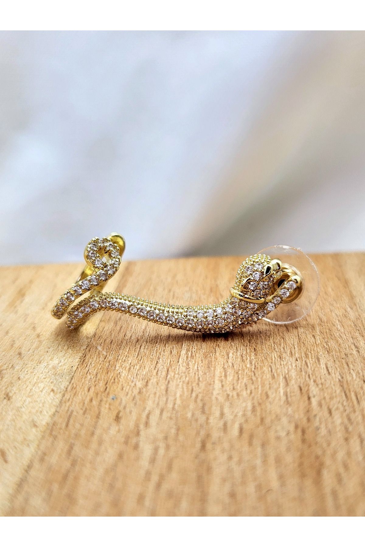 Eva Takı Kaplan Model Zirkon Taşlı Gold Earcuff Kıkırdak Kulak Küpesi