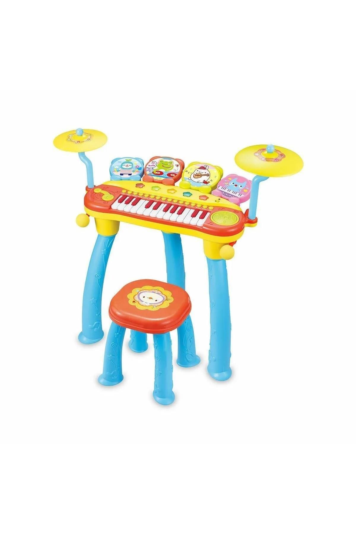 Peda Toy Oturma Sandalyeli Piyano Bateri Seti 24 Tuşlu Mp3 Çalar Mikrofonlu Sarı