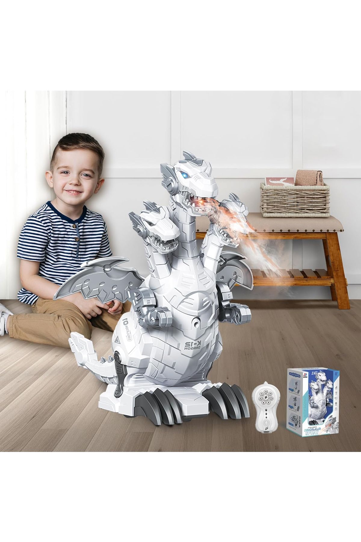 Mofy Baby 3 Başlı Işıklı Sesli Hareketli Buhar Efektli 2.4Ghz Uzaktan Kumandalı Dinozor Robot