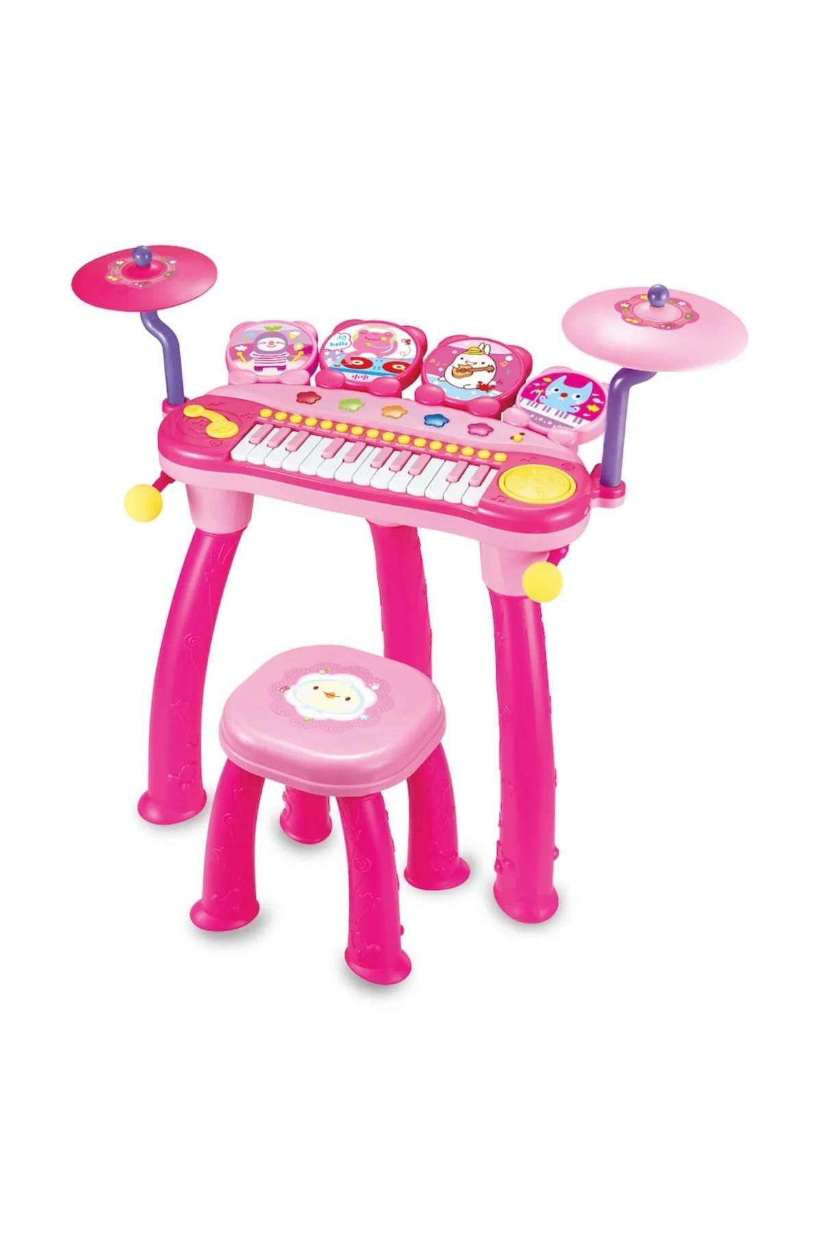 Peda Toy Oturma Sandalyeli Piyano Bateri Seti 24 Tuşlu Mp3 Çalar Mikrofonlu Pembe