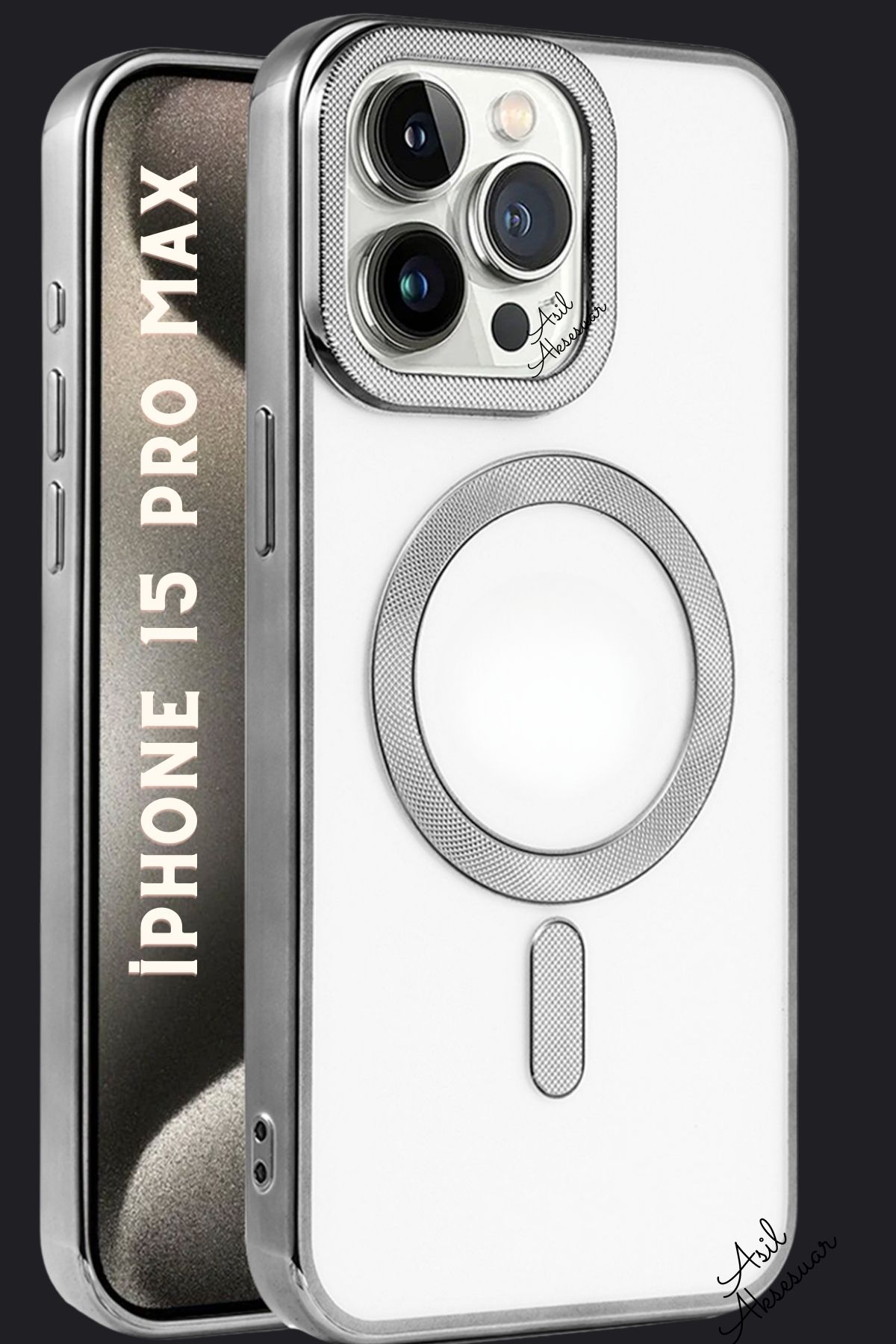 AQUA AKSESUAR iPhone 15 Pro Max Uyumlu Magsafe Şarj Özellikli Esnek Arkası Şeffaf Logo Detayı Açık Kılıf