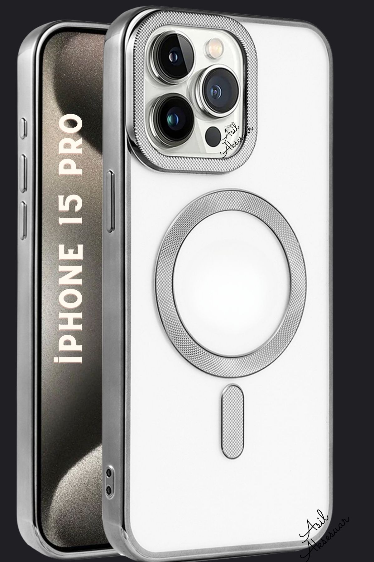 AQUA AKSESUAR iPhone 15 Pro Uyumlu Magsafe Şarj Özellikli Esnek Arkası Şeffaf Logo Detayı Açık Kılıf