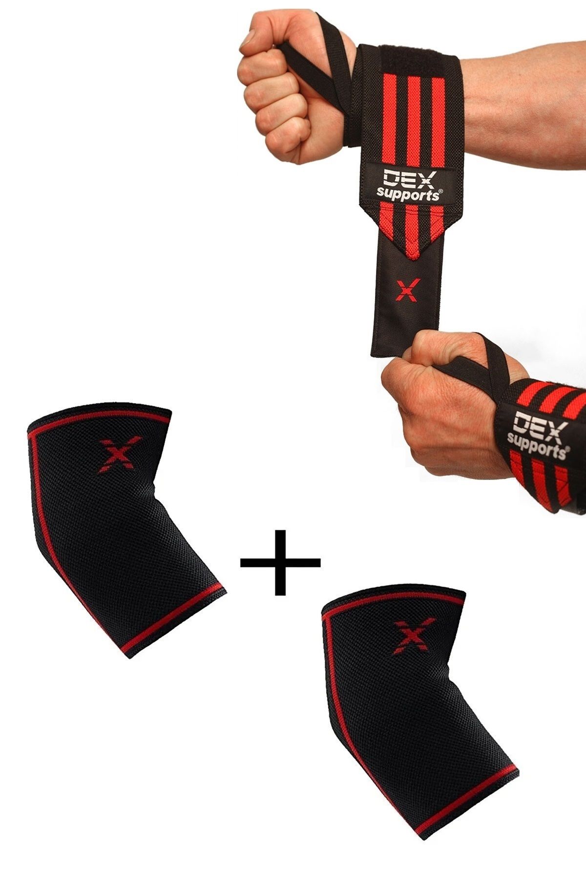 Dex Supports Fitness Dirseklik , Fitness Bilek Bandajı Wraps , Elbow Sleeve, Wrist Wraps 2'li Paket