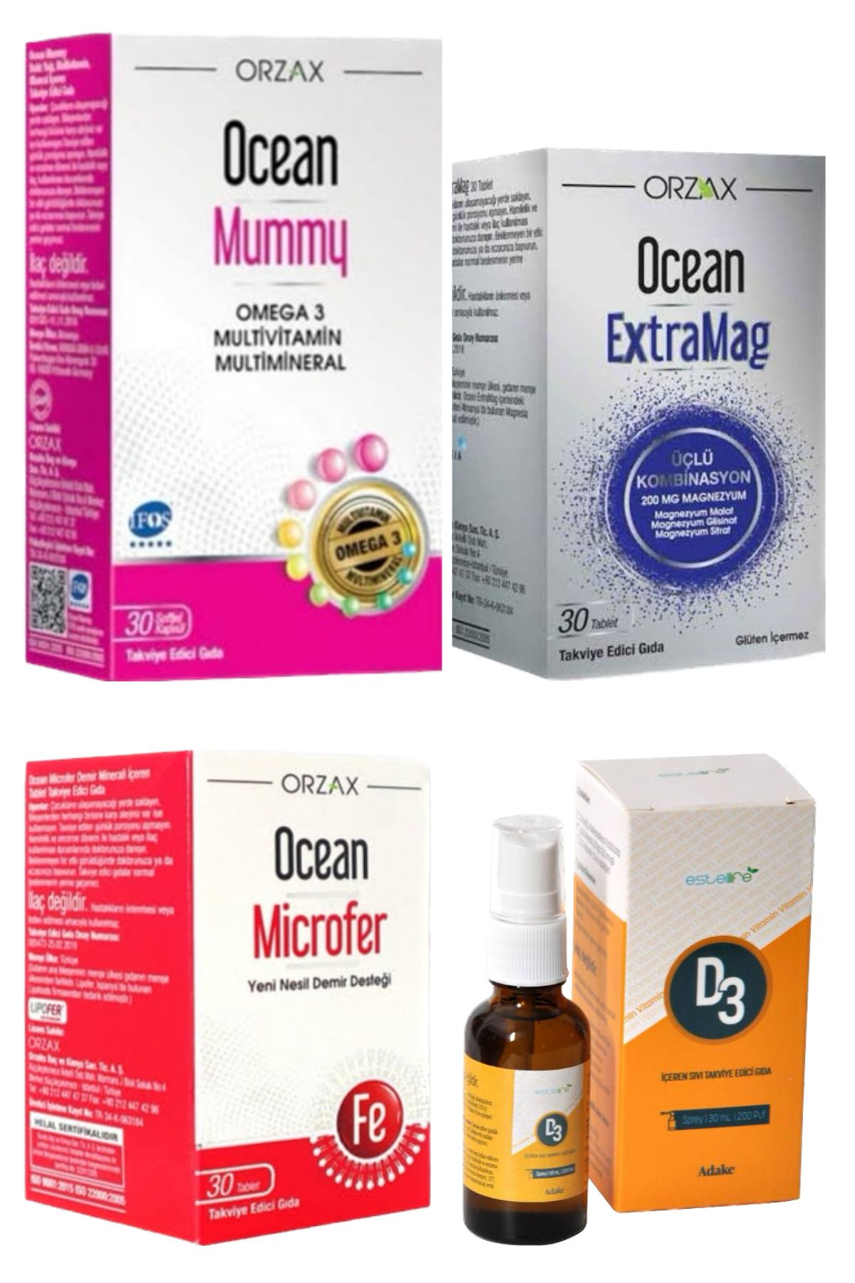 Ocean Mummy 30 Kapsül-Extramag Magnezyum 30 tb-Microfer D emir 30 tb-D3 Vitamin 30 ml Sprey