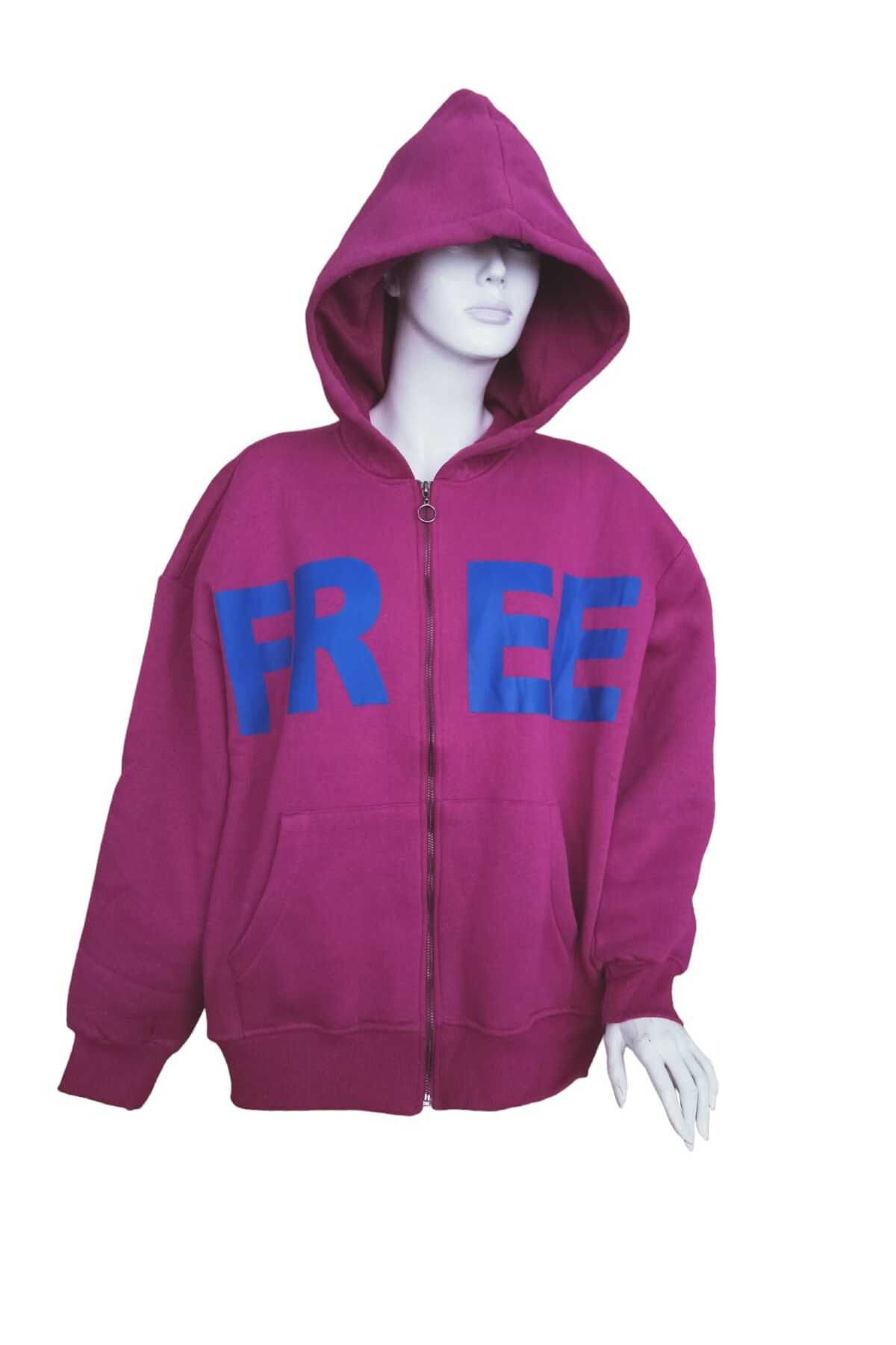 Cream Rouge Free Tasarım Baskılı Kapüşonlu Fermuarlı Kanguru Cepli Oversize Pamuklu Kadın Sweatshirt +AA Kalite