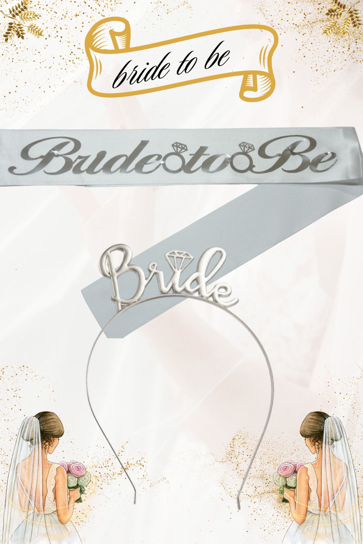 Dekozoni Bride To Be Metal Taç ve Kuşak Seti & Bekarlığa Veda Partisi & Beyaz Gümüş Kuşak Gümüş Taç