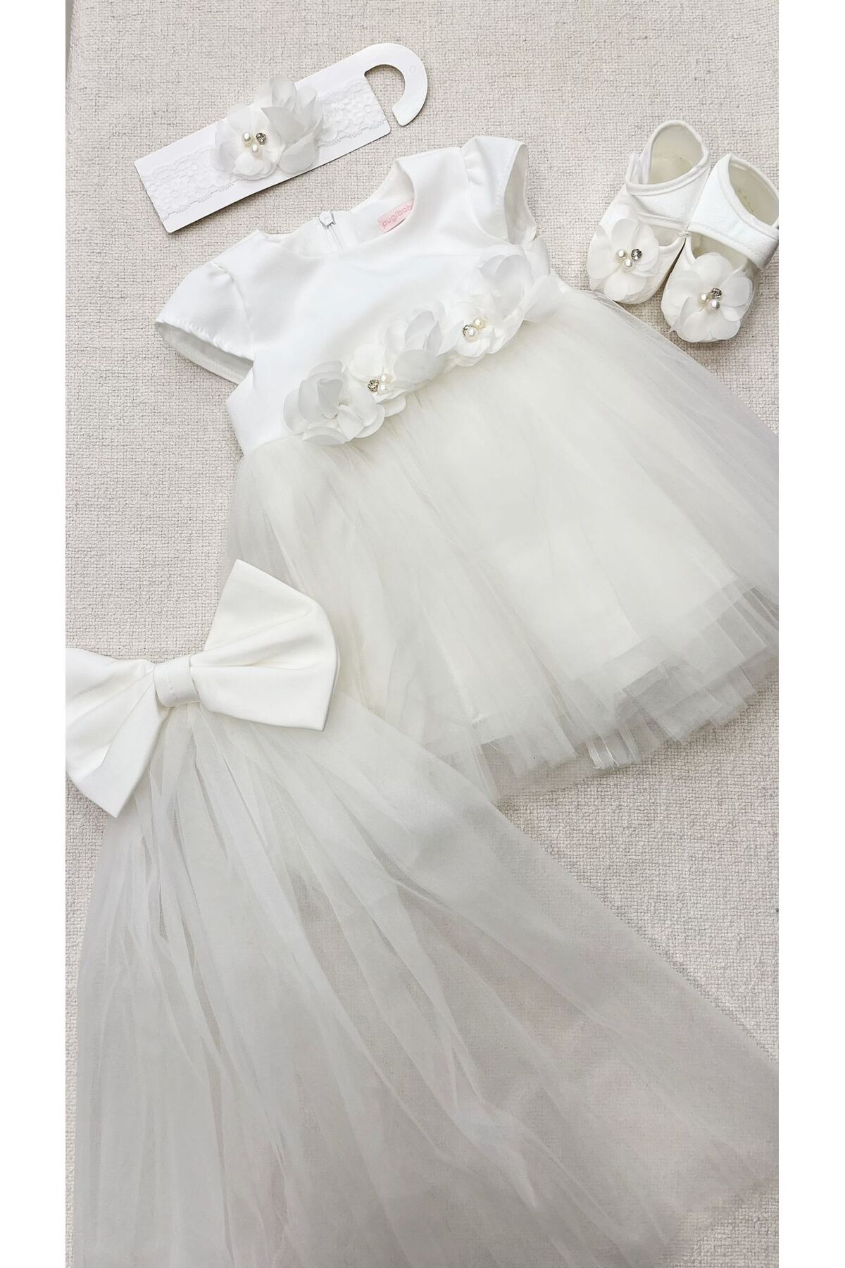 Pugi Baby Kız bebek mevlüt elbise seti tüllü model arkası kuyruklu takılıp çıkarılabilir