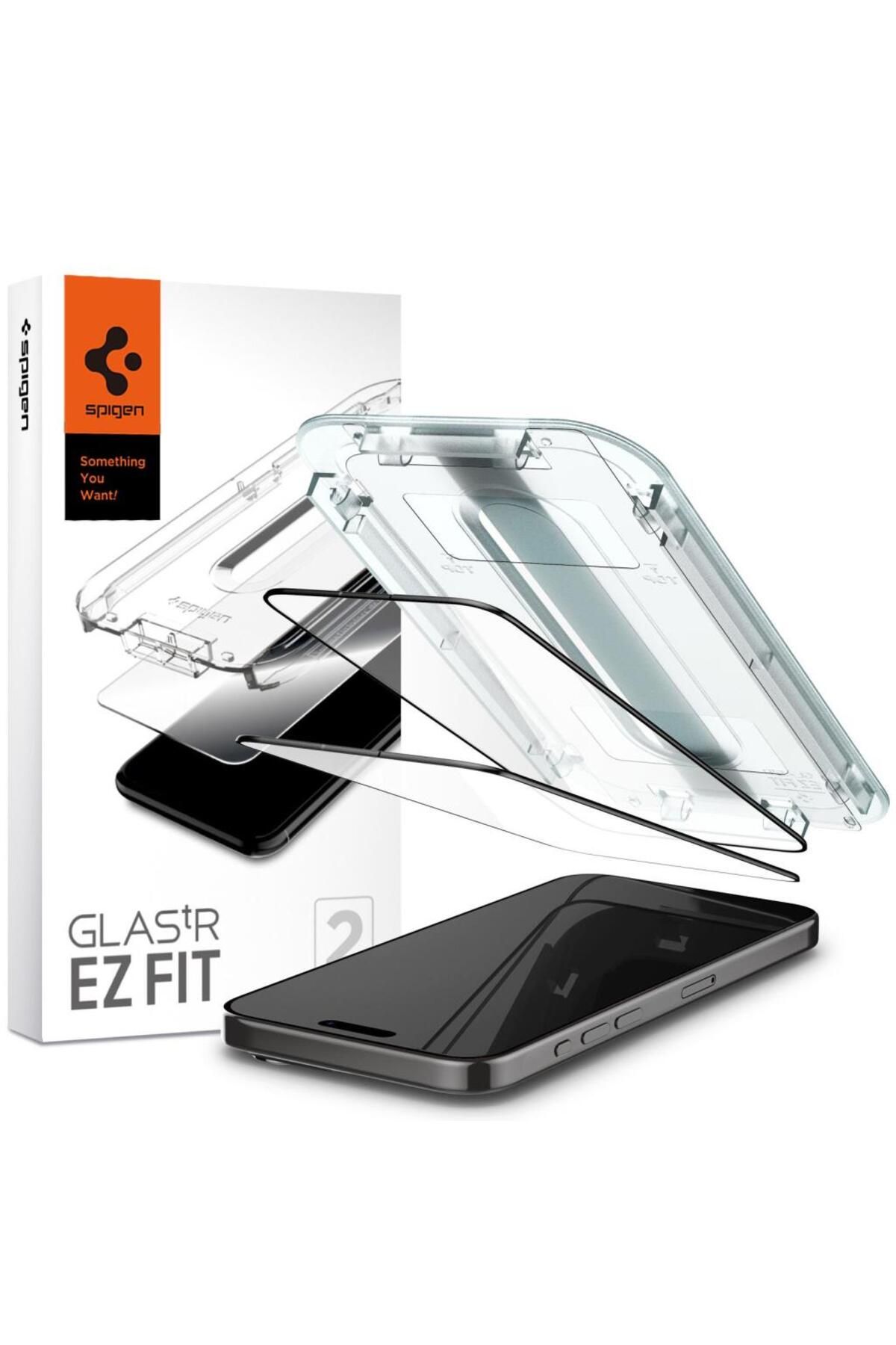 Spigen iPhone 15 Pro Ekran Koruyucu Kolay Kurulum Glas.tR EZ Fit Full Cover Black (2 Adet) - AGL06893