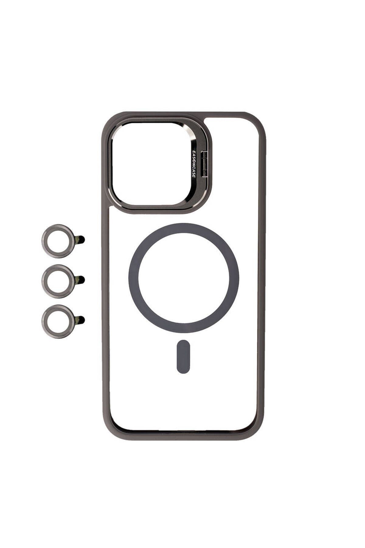 Genel Markalar Apple iPhone 15 Pro Kılıf Magsafe Wireless Şarj Özellikli Standlı Magsafe Klon Lensli Kapak