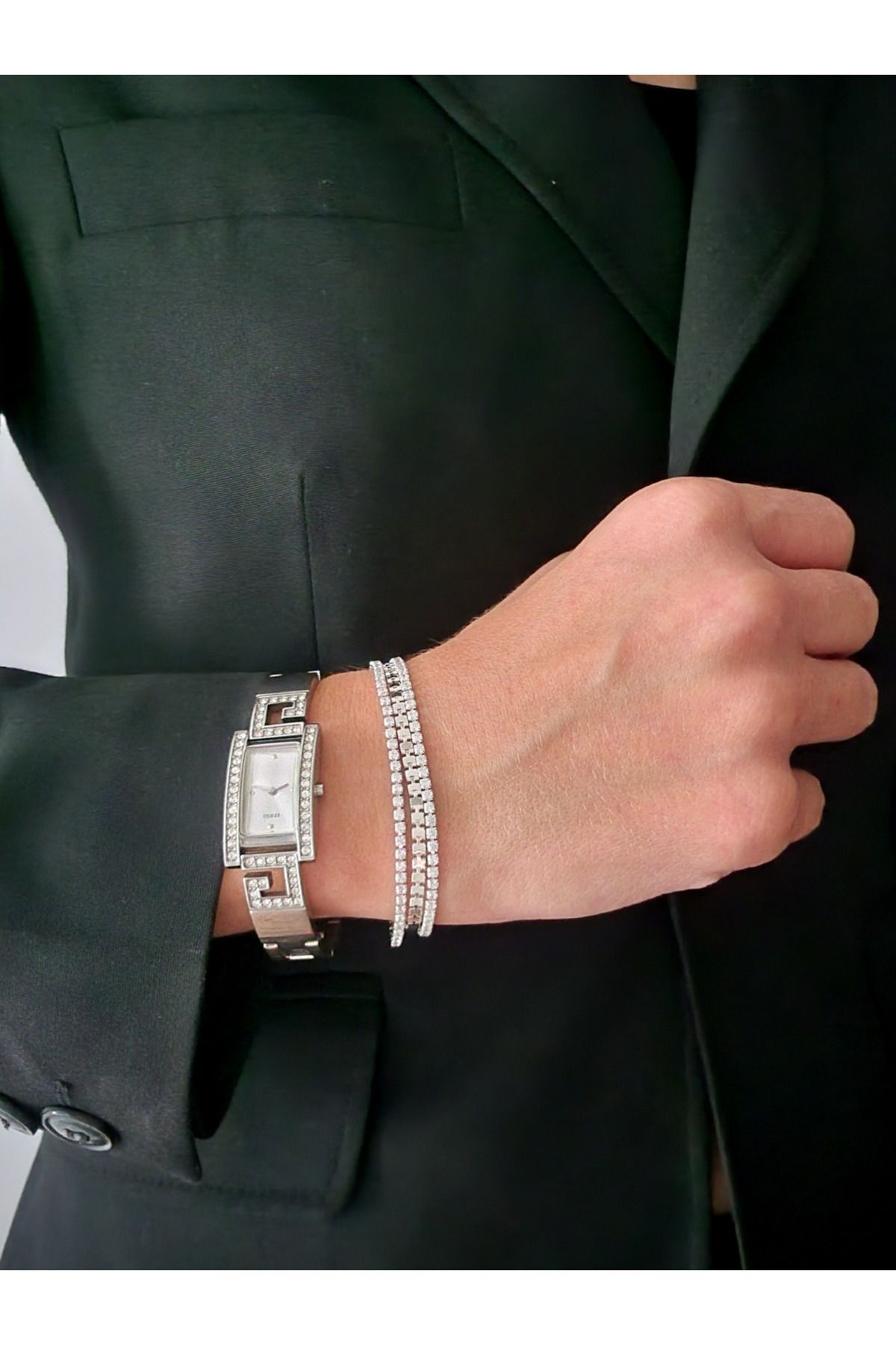 Eva Takı Su Yolu Arpa Model Zirkon Taşlı Saat Yanına Silver Gümüş Renk Çelik Bileklik