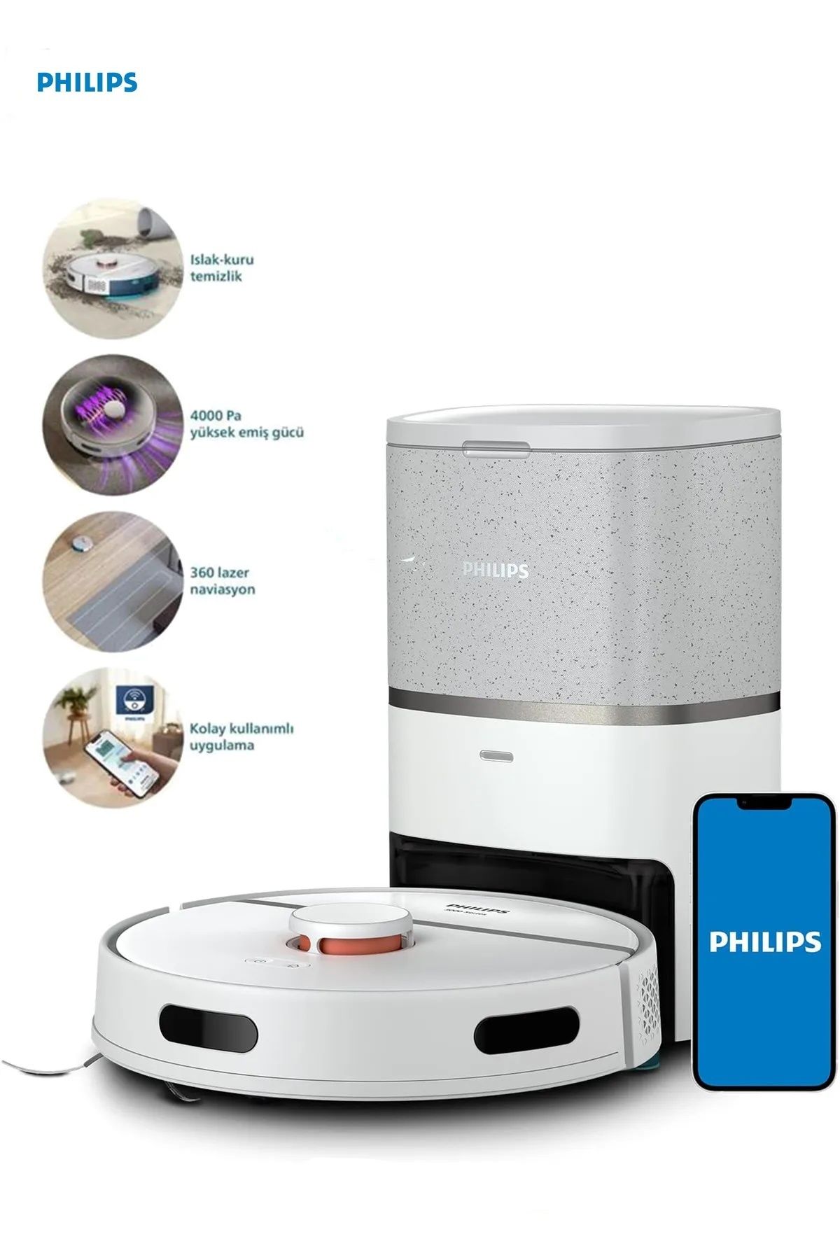 Philips 3000 Serisi Aqua Islak, Kuru ve Moplu, 4000 Pa Ultra Emiş Gücü, 230DK Pil Süreli Robot Süpürge