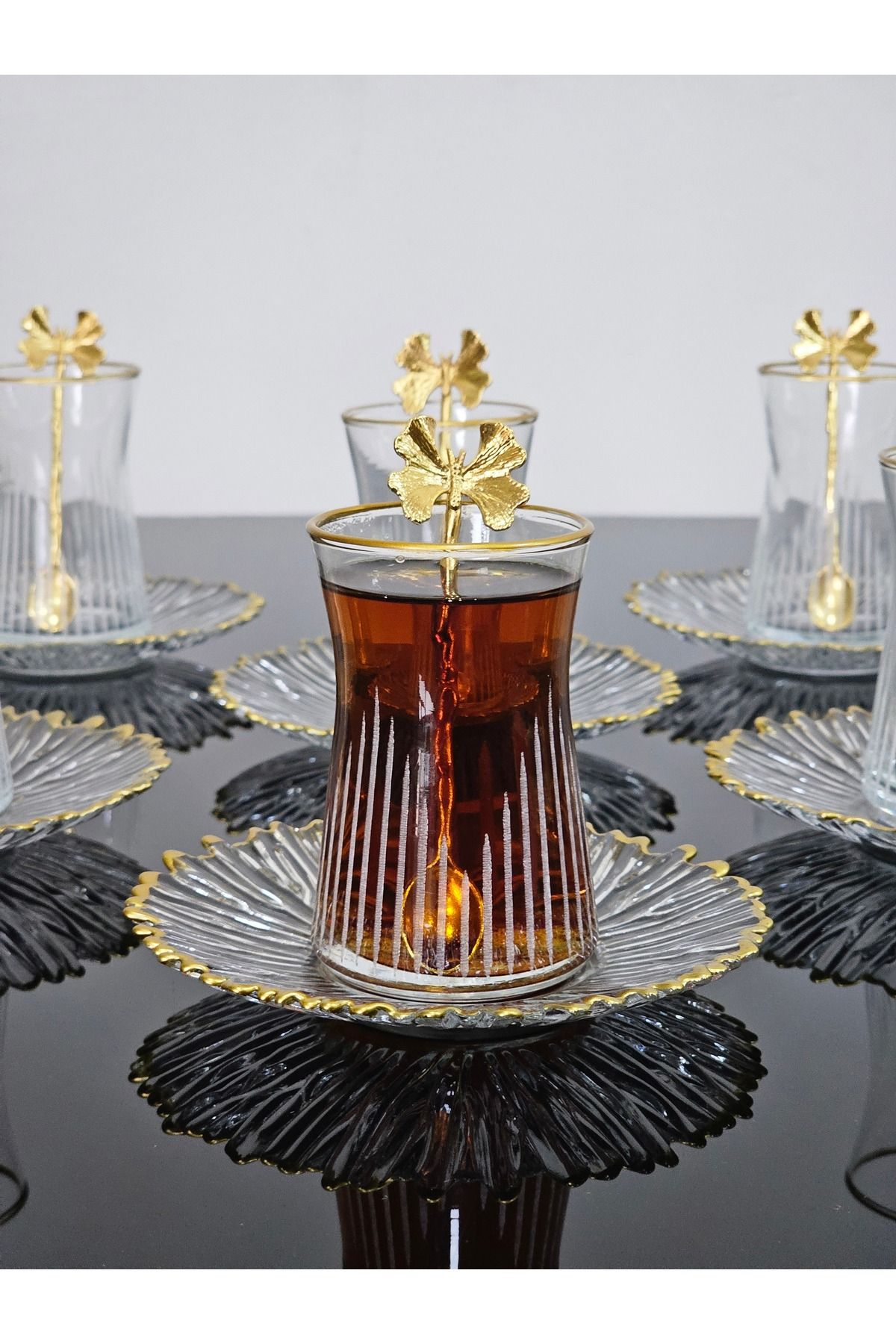 Aymin Kristal Drem Glass Çay Seti 18 Parça Gold Yaldızlı Kelebek Çay Kaşıklı