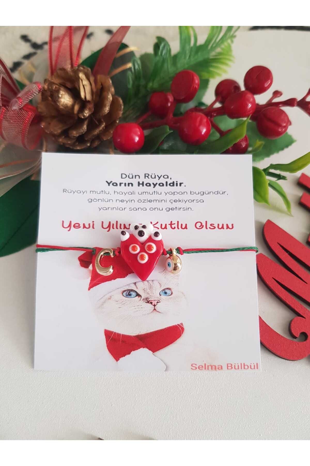 TREND Yeni Yıl Kalp Cam Murano Bileklik Kırmızı Ipli Yılbaşı Temalı Christmas Bileklik