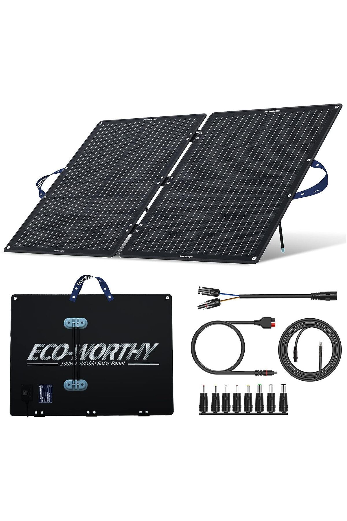 ECO-WORTHY 100W katlanabilir güneş paneli, 10 DC adaptörlü 12v güneş paneli, MC-4 ve 30°40° ayarlanabilir stand