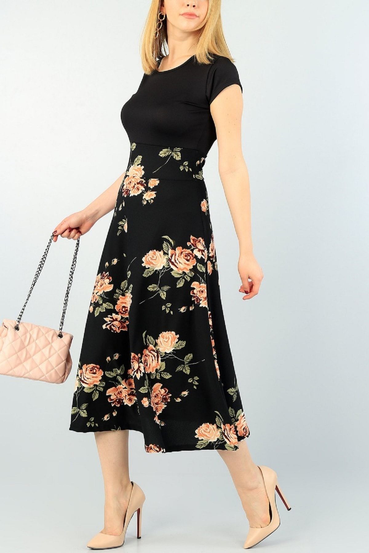 Genel Markalar Kadın Siyah Büyük Beden Tek Parça Krep Kumaş Eteği Gül Desenli Elbise Boy 120cm