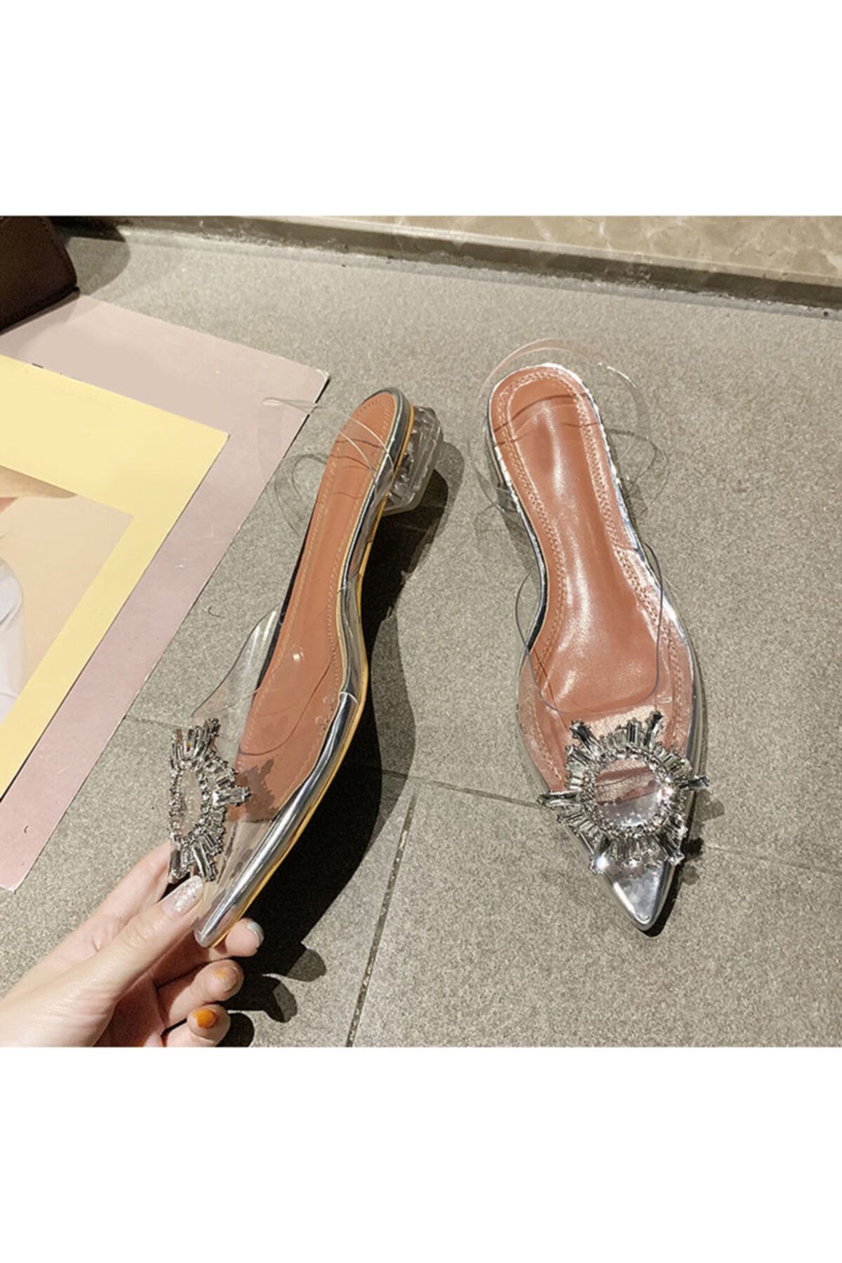TrendyAnka Kadın Princess Gümüş Nude Taba Şeffaf Topuklu Kristal Taşlı Günlük Babet Ayakkabı