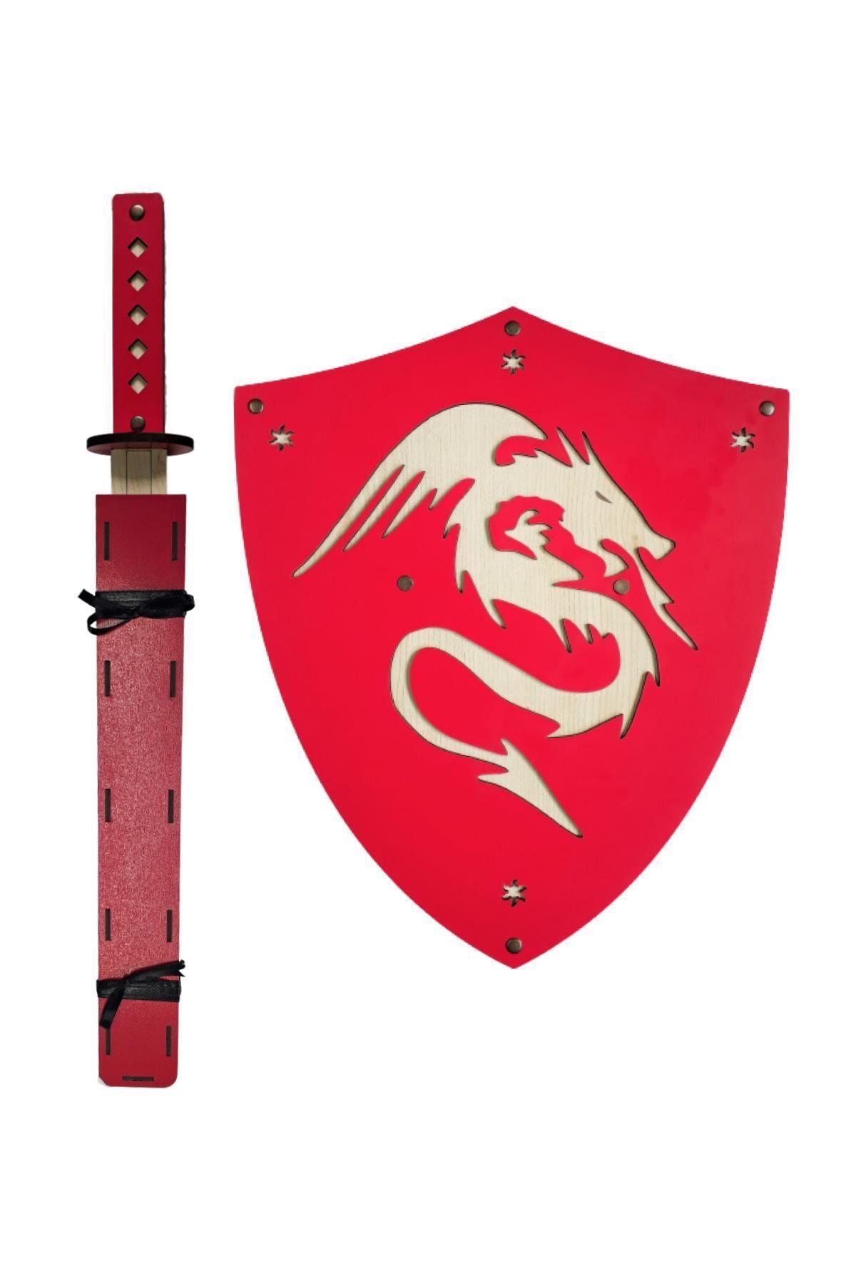 Ahtek Ahşap Japon Samuray-ninja Kalkanı Ve Katana Kılıcı, Kırmızı