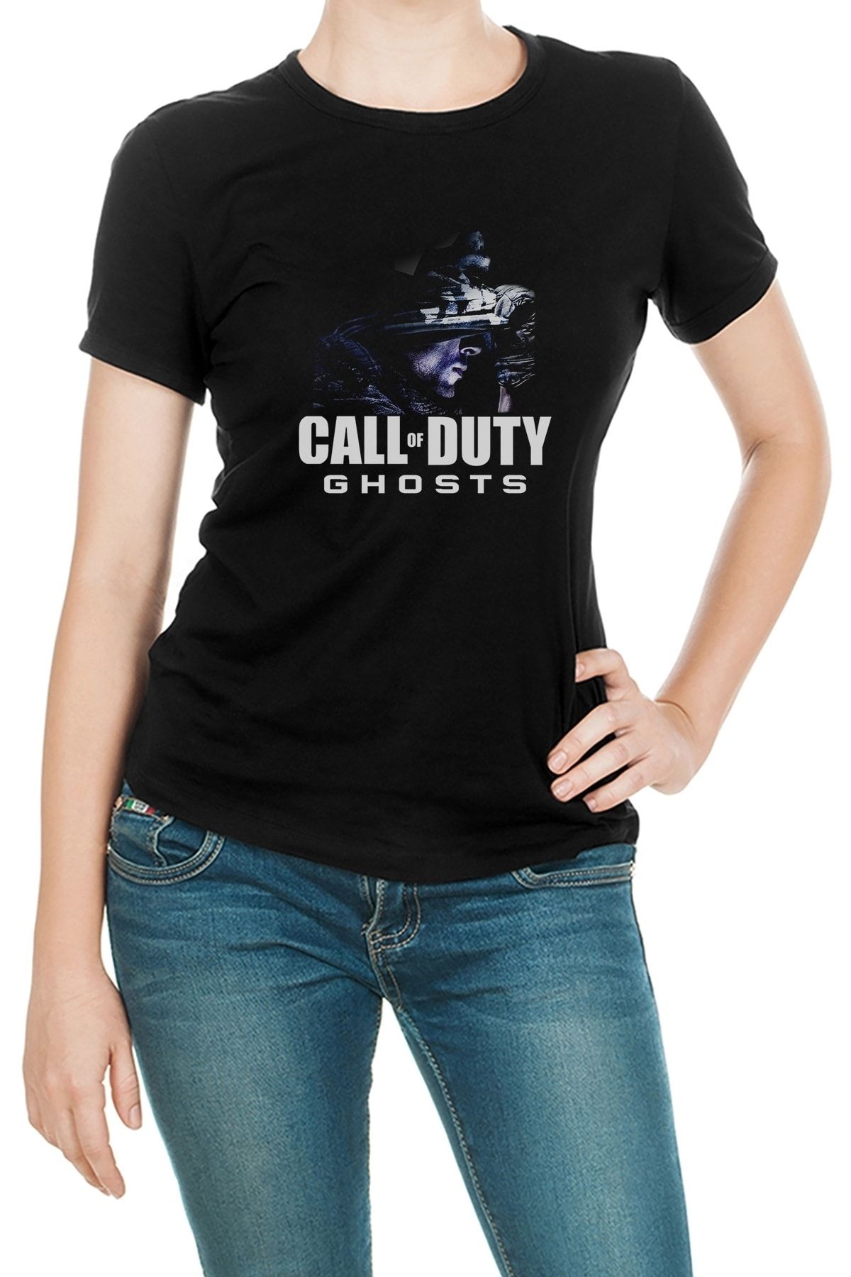 QIVI Call Of Duty Ghosts Baskılı Siyah Kadın Örme Tshirt T-shirt Tişört T Shirt