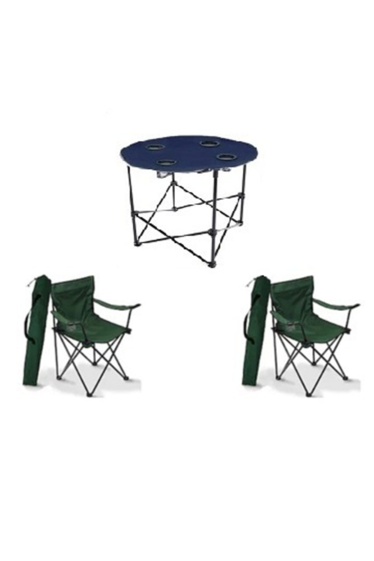 Toysan Katlanır Çantalı Kamp Sandalyesi Yeşil 2 Adet Ve Yuvarlak Lacivert Masa