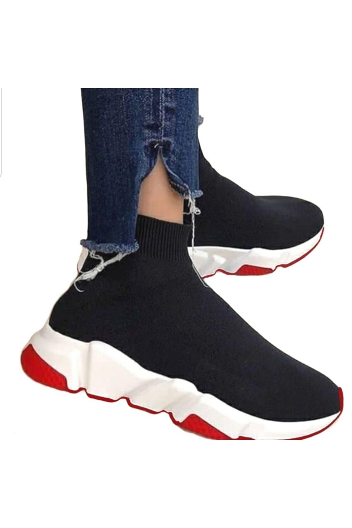 MİRKET Unisex Siyah Çoraplı Kırmızı Beyaz Taban Sneakers Ayakkabı