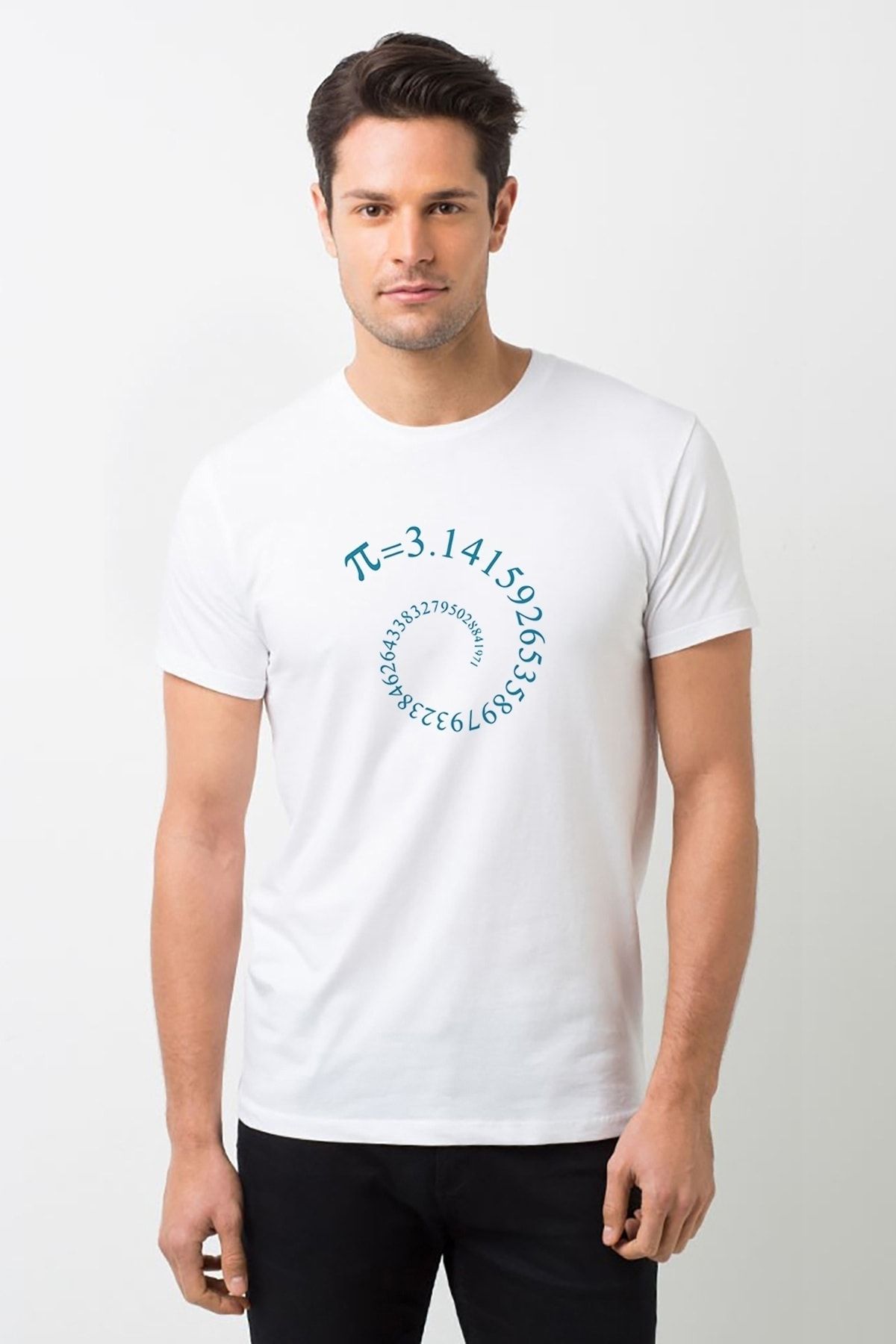 QIVI 14 Mart Dünya Pi Günü Baskılı Beyaz Erkek Örme Tshirt T-shirt Tişört T Shirt