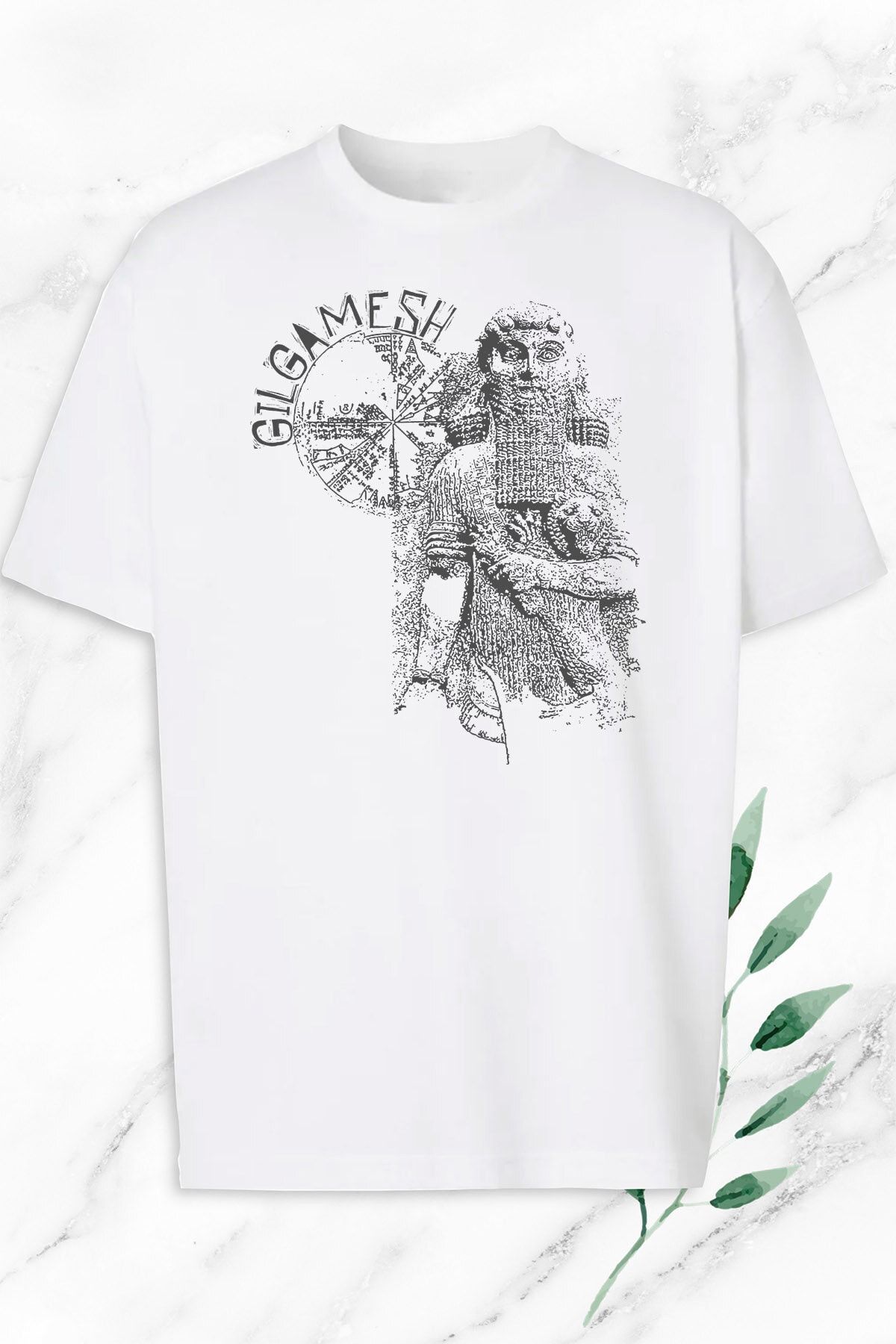 perseusshopping Unisex Beyaz Oversize Mitoloji Mezepotamya Gılgamış Heykel Baskılı Tişört