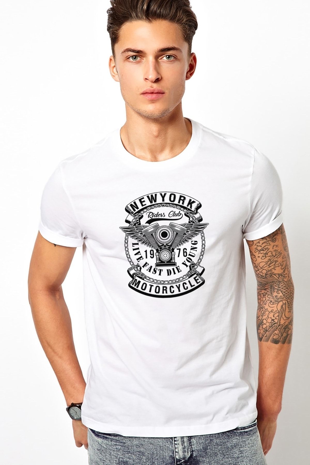 QIVI American Moto Riders Club Baskılı Beyaz Erkek Örme Tshirt