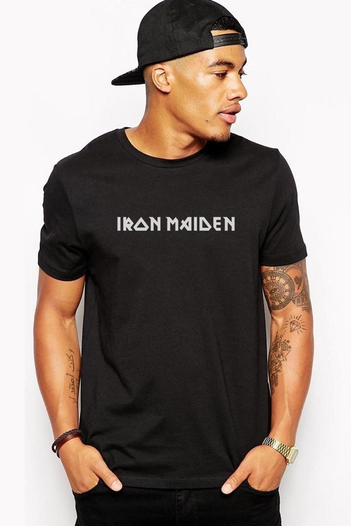 QIVI Iron Maiden Tour Powerslave Logo Müzik Baskılı Siyah Erkek Örme Tshirt